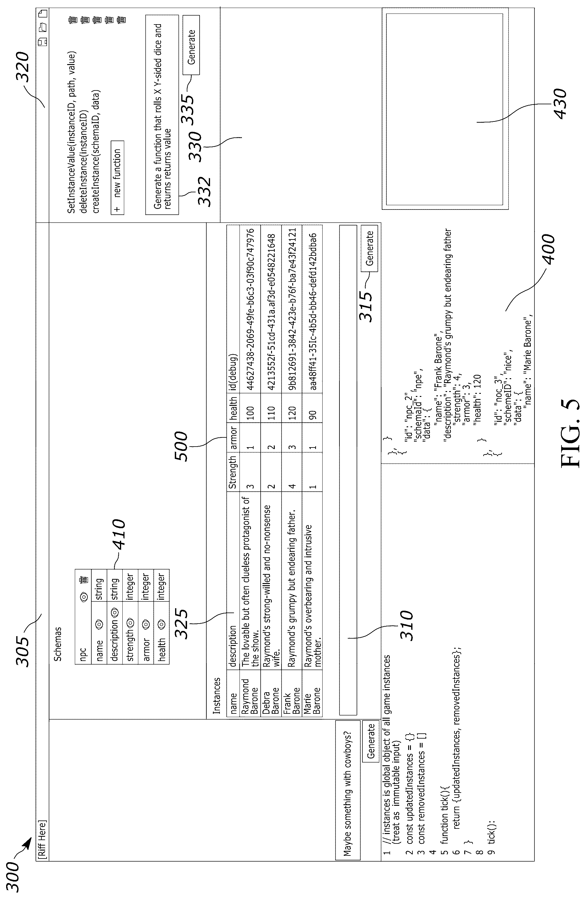 Patent US12602355 Figure 5 – LLM-based game schema generation, cross-referencing, and instantiation