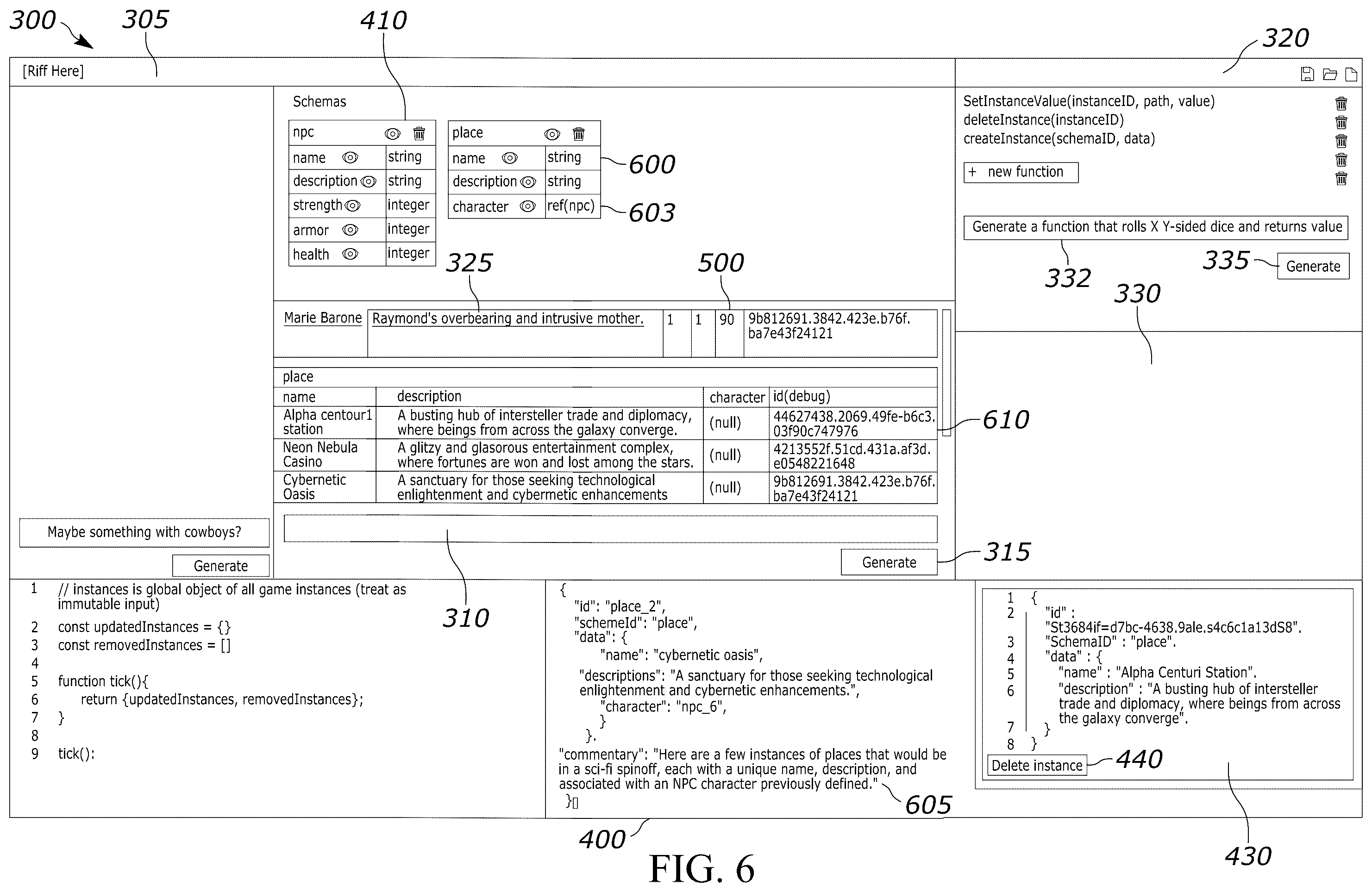 Patent US12602355 Figure 6 – LLM-based game schema generation, cross-referencing, and instantiation