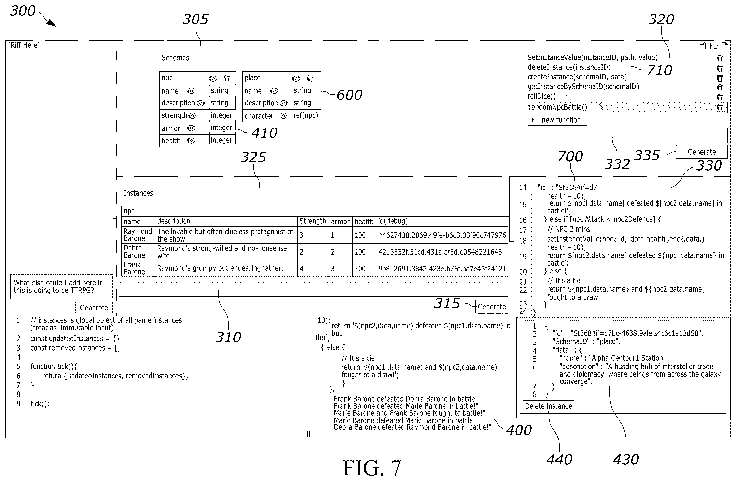 Patent US12602355 Figure 7 – LLM-based game schema generation, cross-referencing, and instantiation