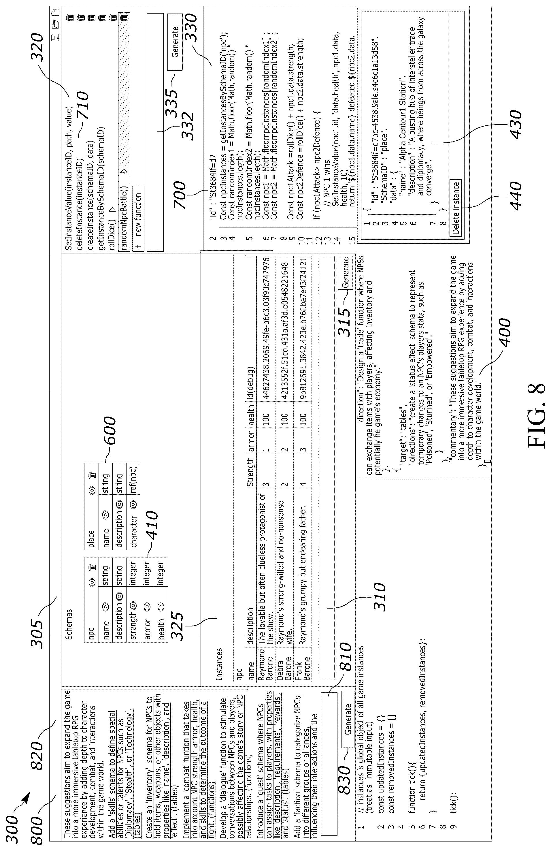 Patent US12602355 Figure 8 – LLM-based game schema generation, cross-referencing, and instantiation