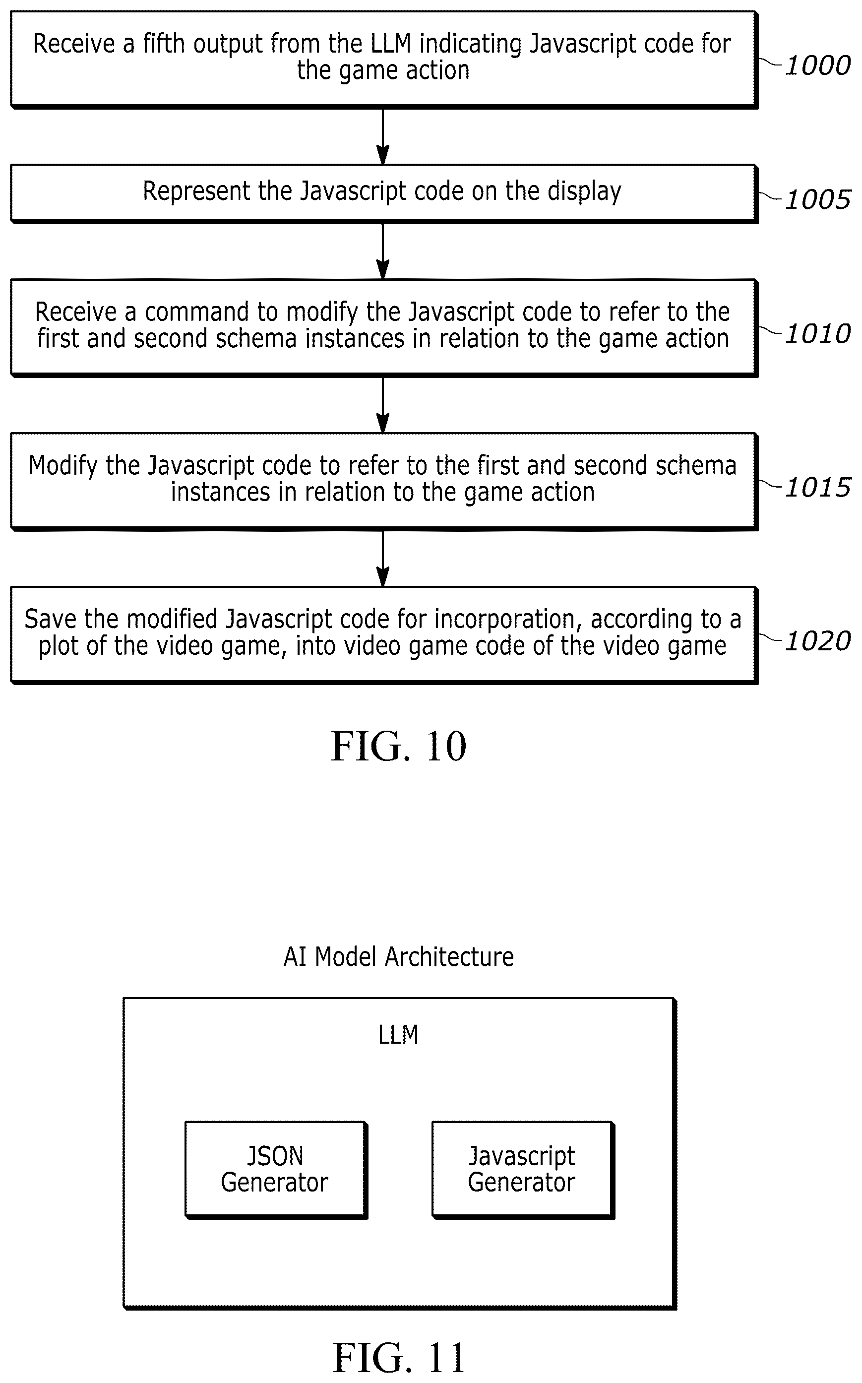 Patent US12602355 Figure 11 – LLM-based game schema generation, cross-referencing, and instantiation