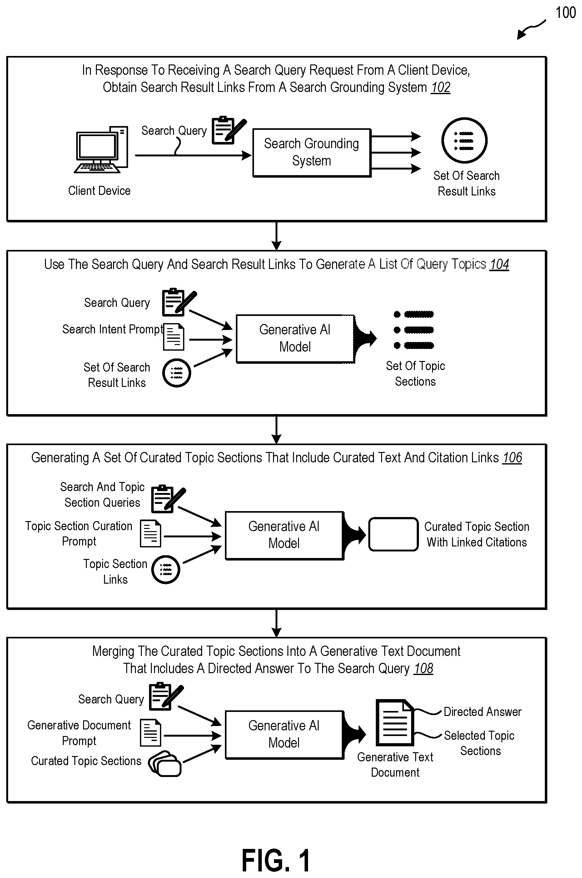 Patent US12602388 Figure 1 – Generative search engine text documents