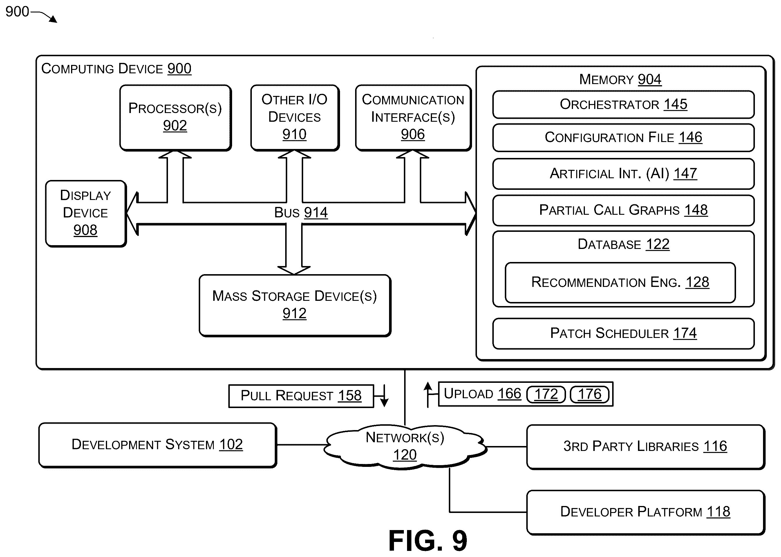 Patent US12602490 Figure 9 – Automated back-propagation of a fix using a reproducible build, test, and validation process to create a patched artifact