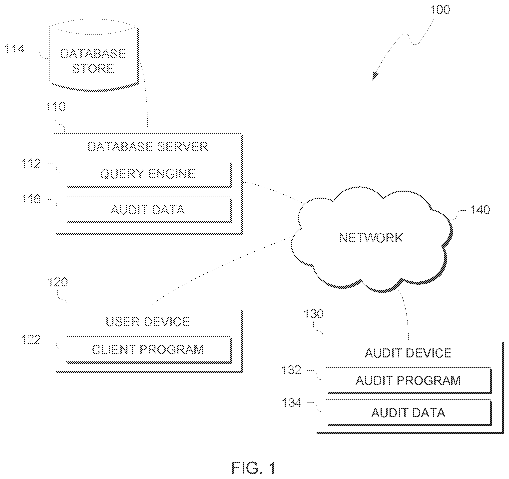 Patent US12602505 Figure 1 – Auditing of database search queries for privileged data
