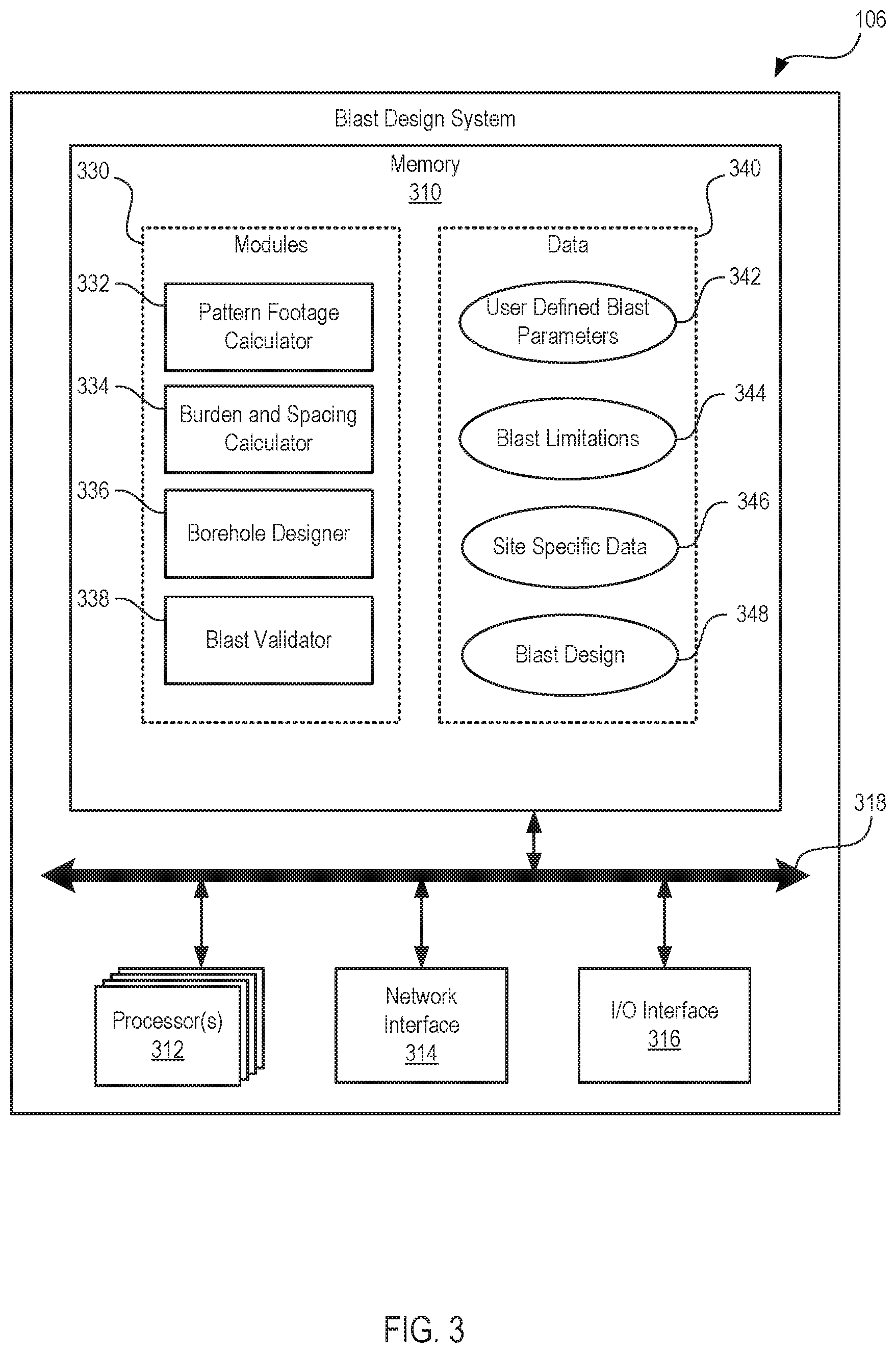 Patent US12602519 Figure 3 – Systems for automated blast design planning and methods related thereto