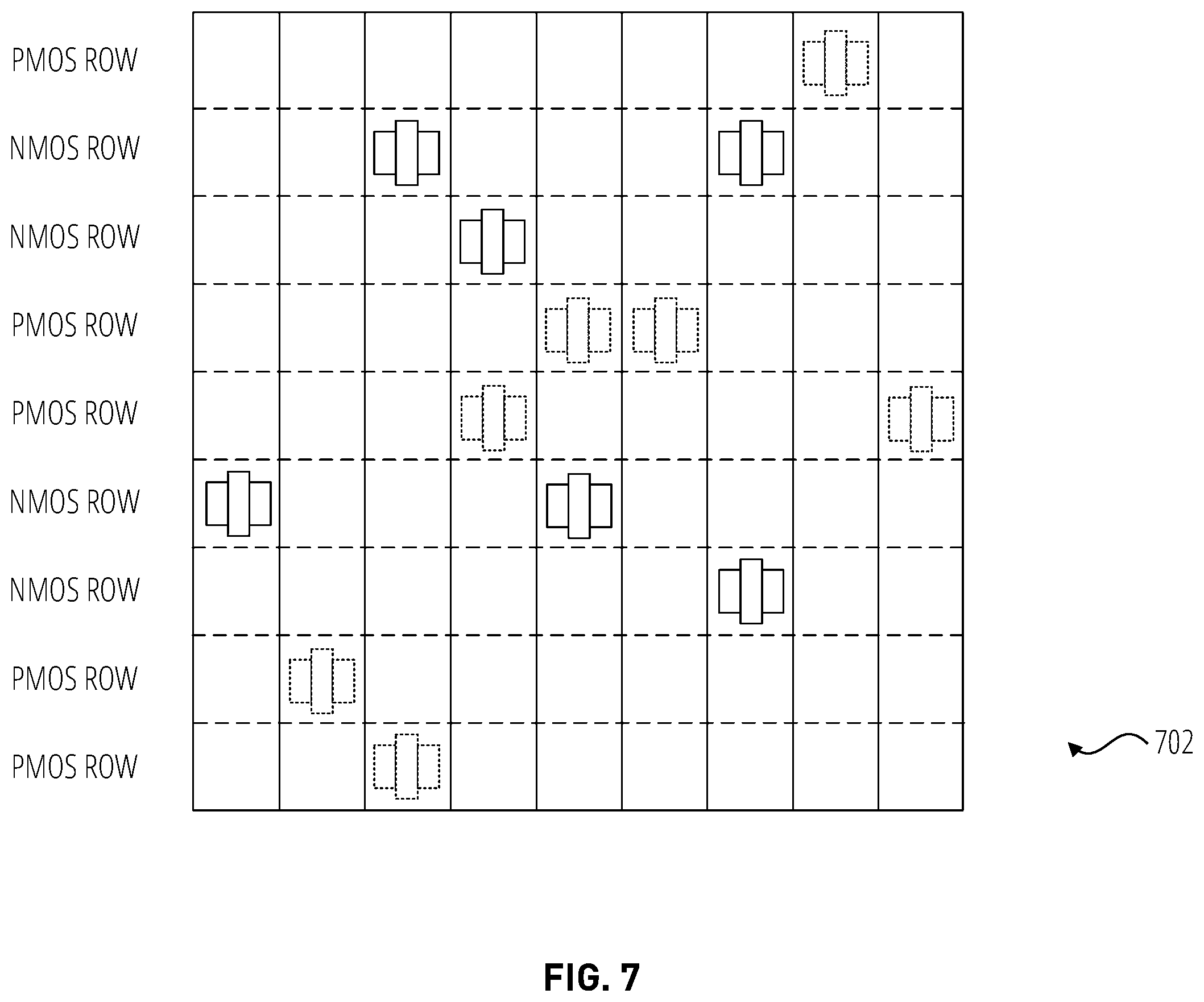 Patent US12602532 Figure 7 – Automated transistor-level placement for design of integrated circuits