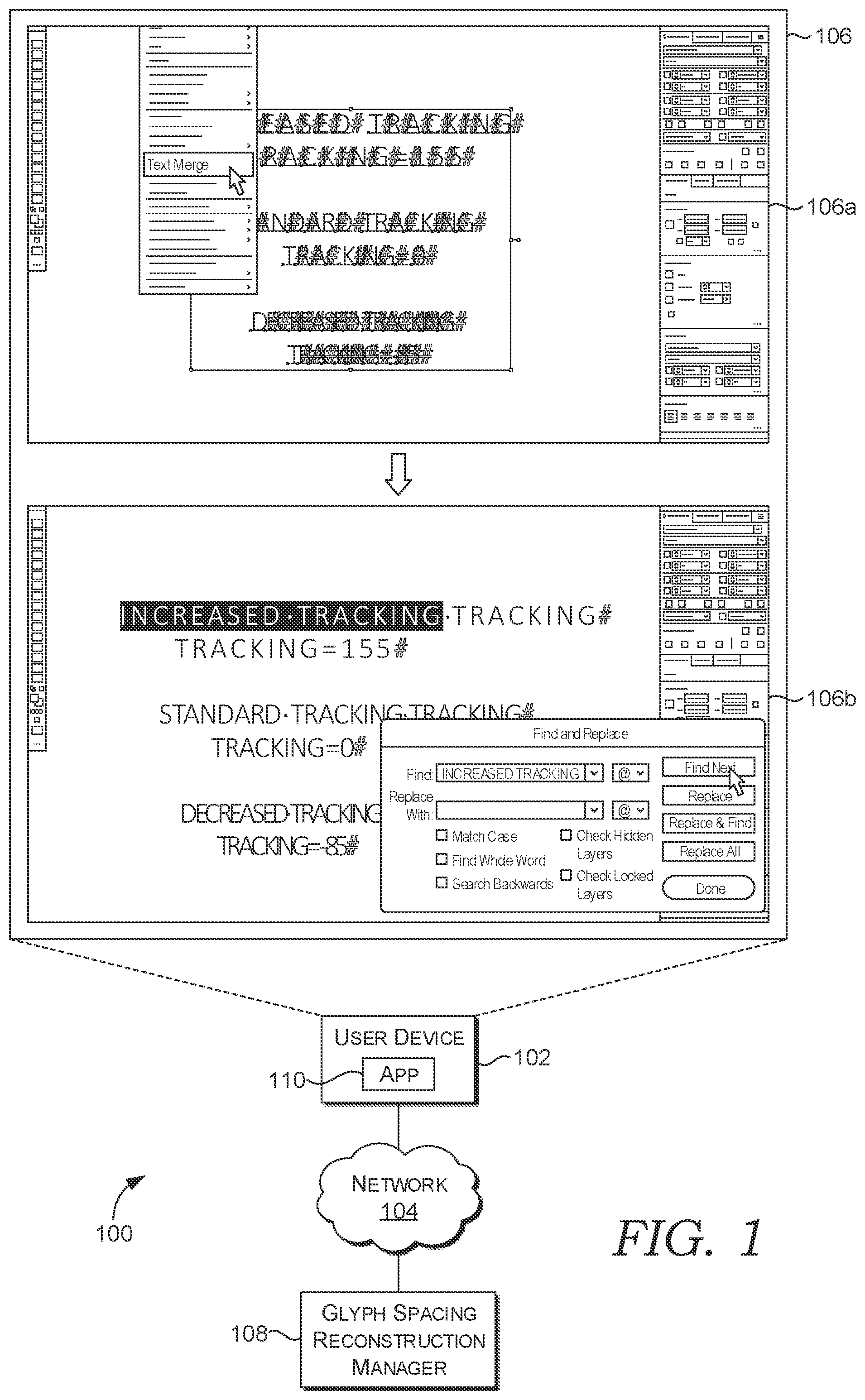 Patent US12602536 Figure 1 – Automated reconstruction of glyph spacing properties