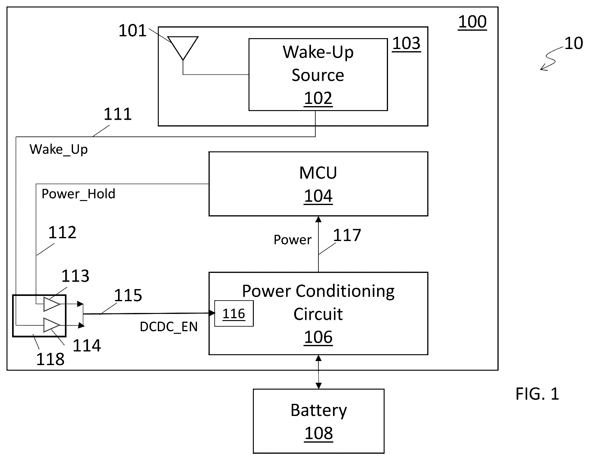 Patent US12602563 Figure 1 – Radio frequency (RF) power conditioning for wake-up circuit