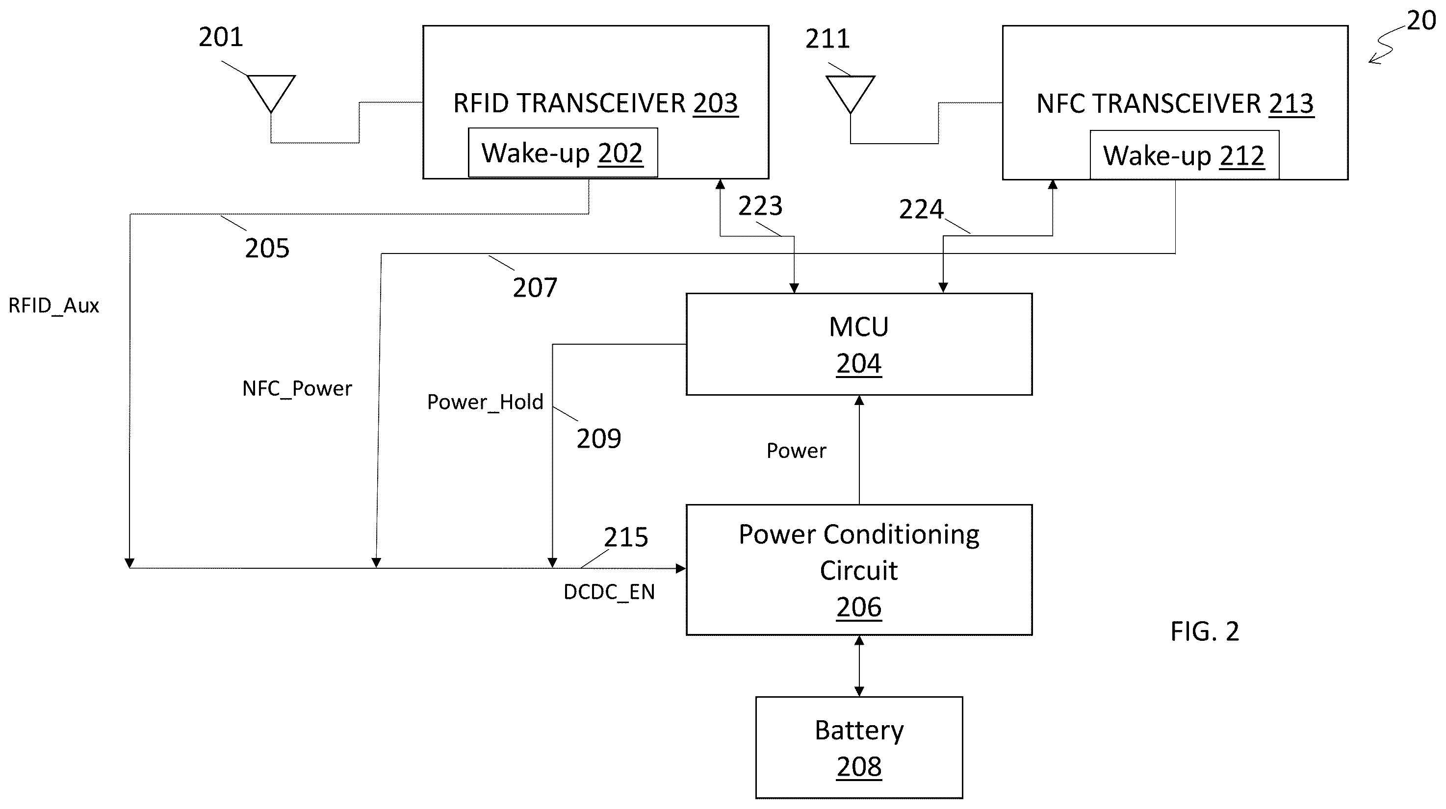 Patent US12602563 Figure 2 – Radio frequency (RF) power conditioning for wake-up circuit