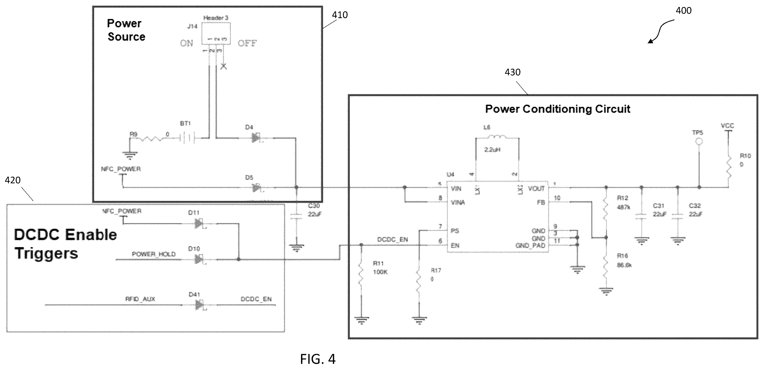Patent US12602563 Figure 4 – Radio frequency (RF) power conditioning for wake-up circuit