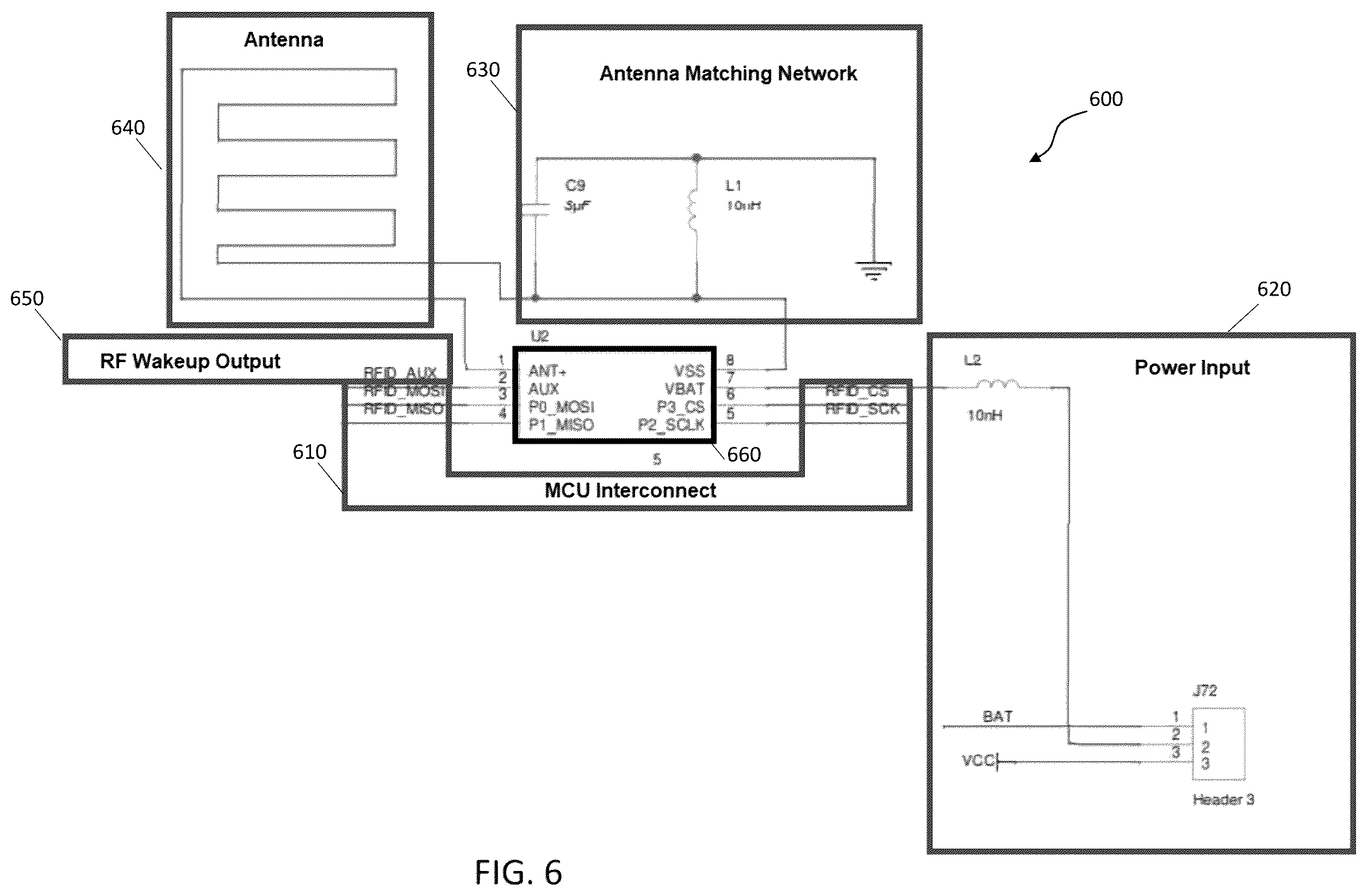 Patent US12602563 Figure 6 – Radio frequency (RF) power conditioning for wake-up circuit