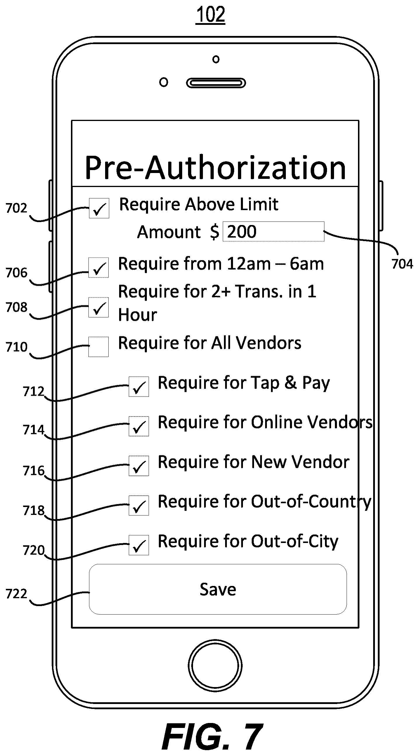 Patent US12602694 Figure 7 – Systems and methods for mobile pre-authorization of a credit transaction
