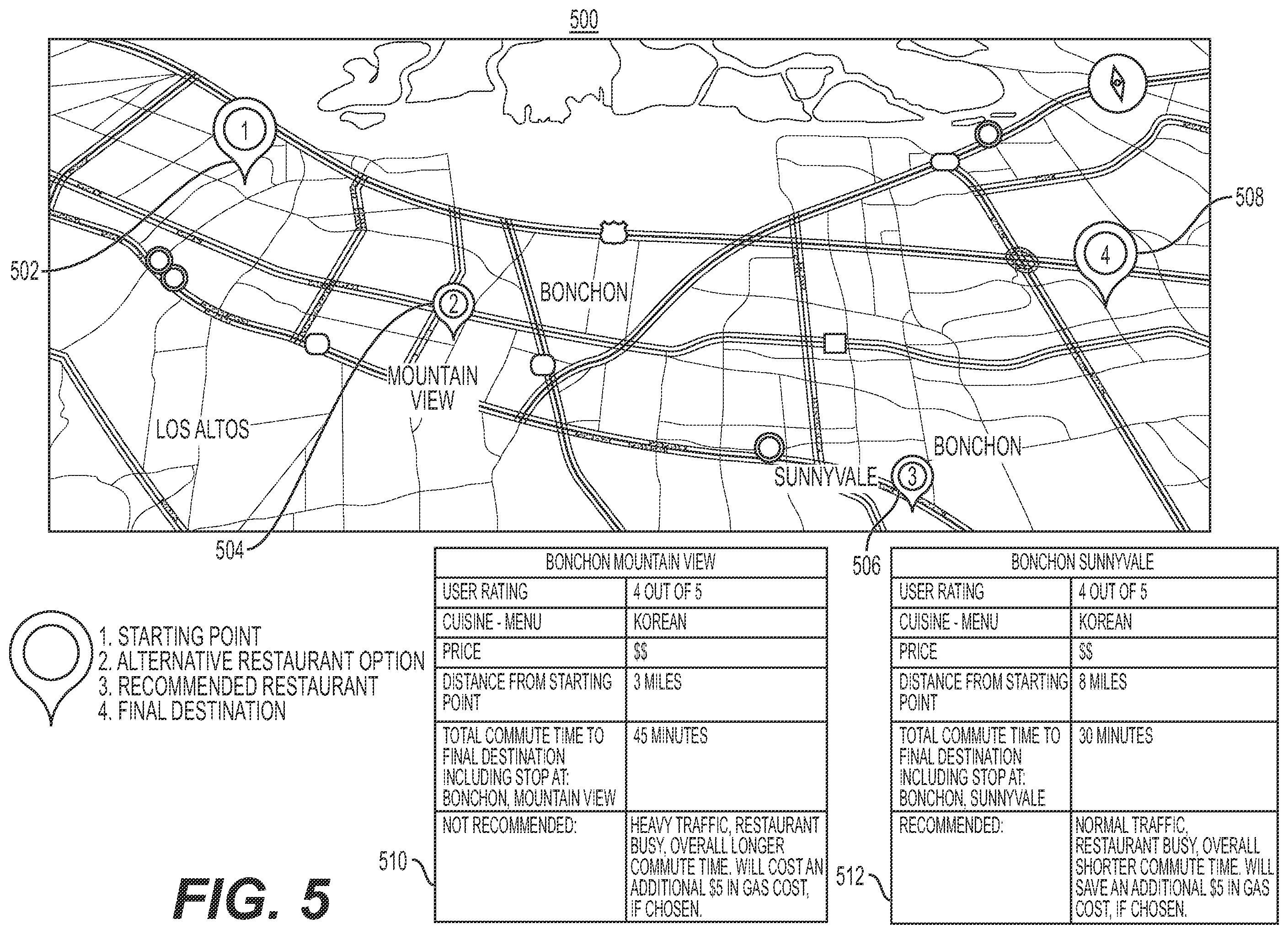 Patent US12602716 Figure 5 – Method, system, and computer-readable medium for generating recommendations based on online history information and geospatial data