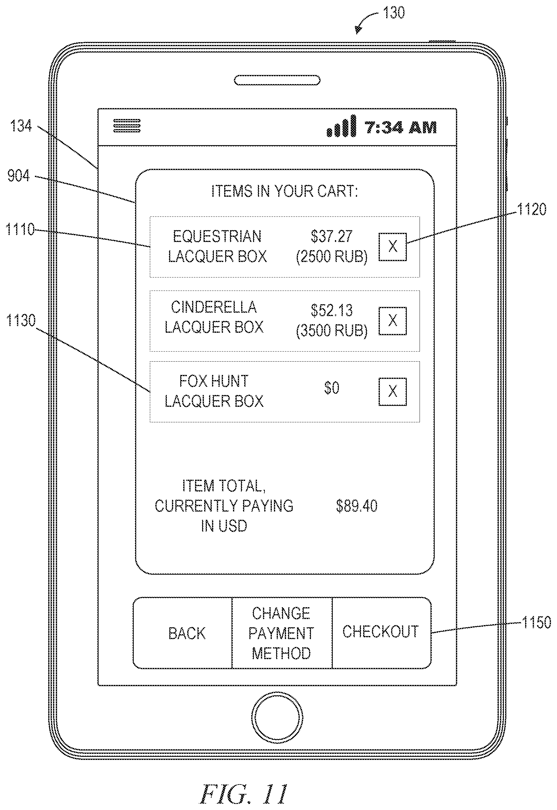 Patent US12602720 Figure 11 – Network site cart user interface having multiple user-specified currency formats