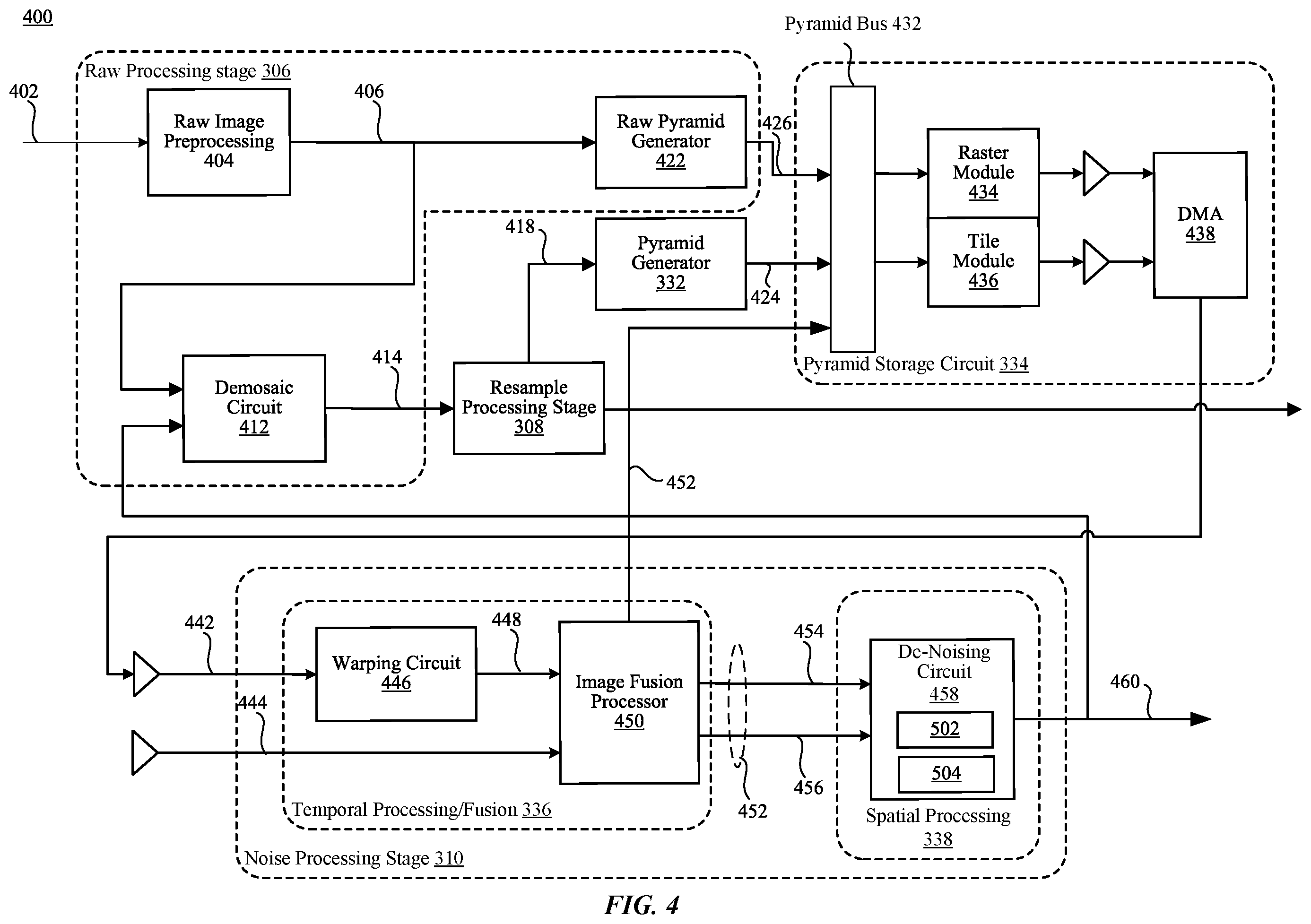 Patent US12602738 Figure 4 – Noise reduction circuit with demosaic processing