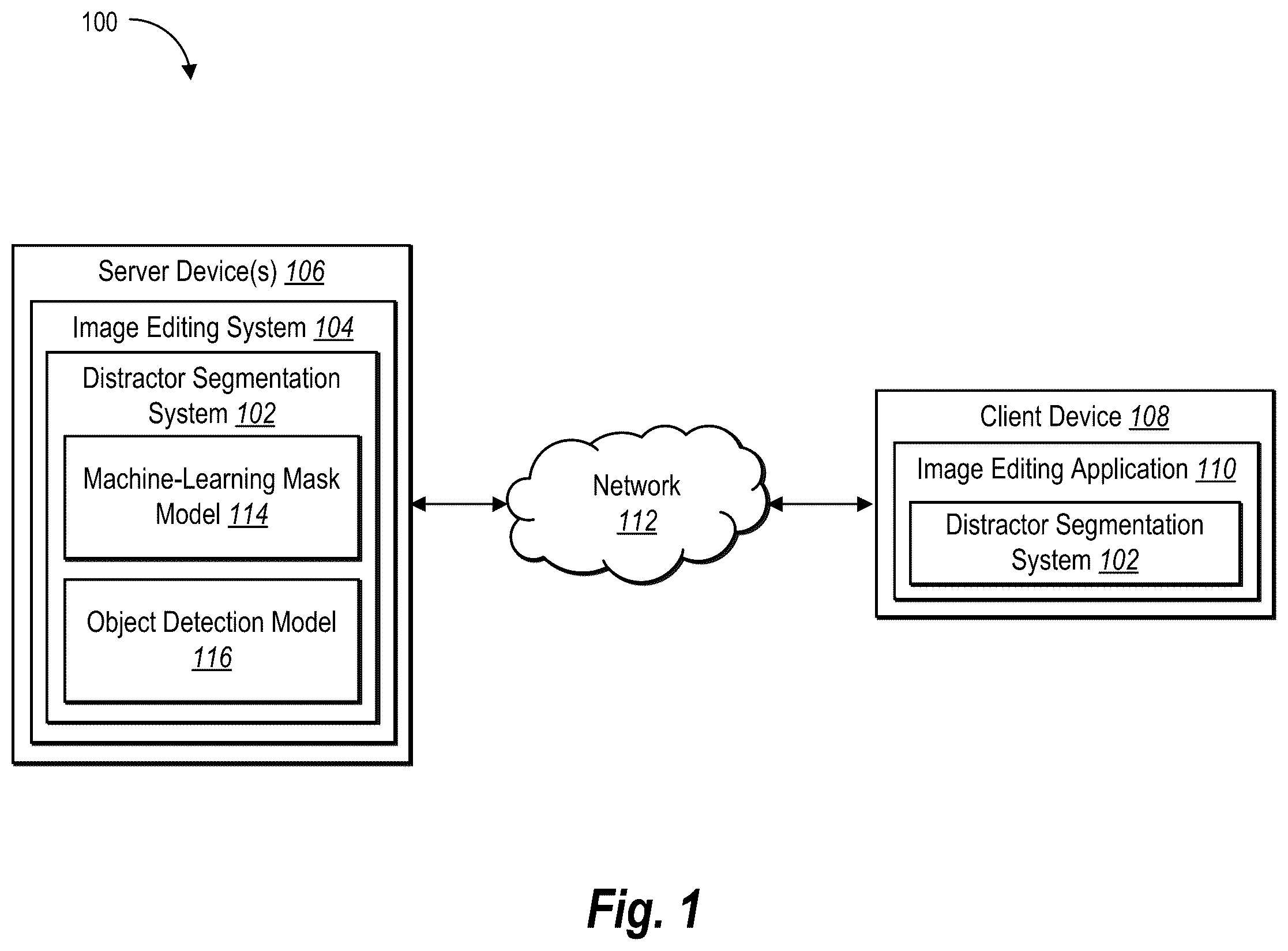 Patent US12602790 Figure 1 – Machine-learning models for distractor segmentation with reduced user interactions