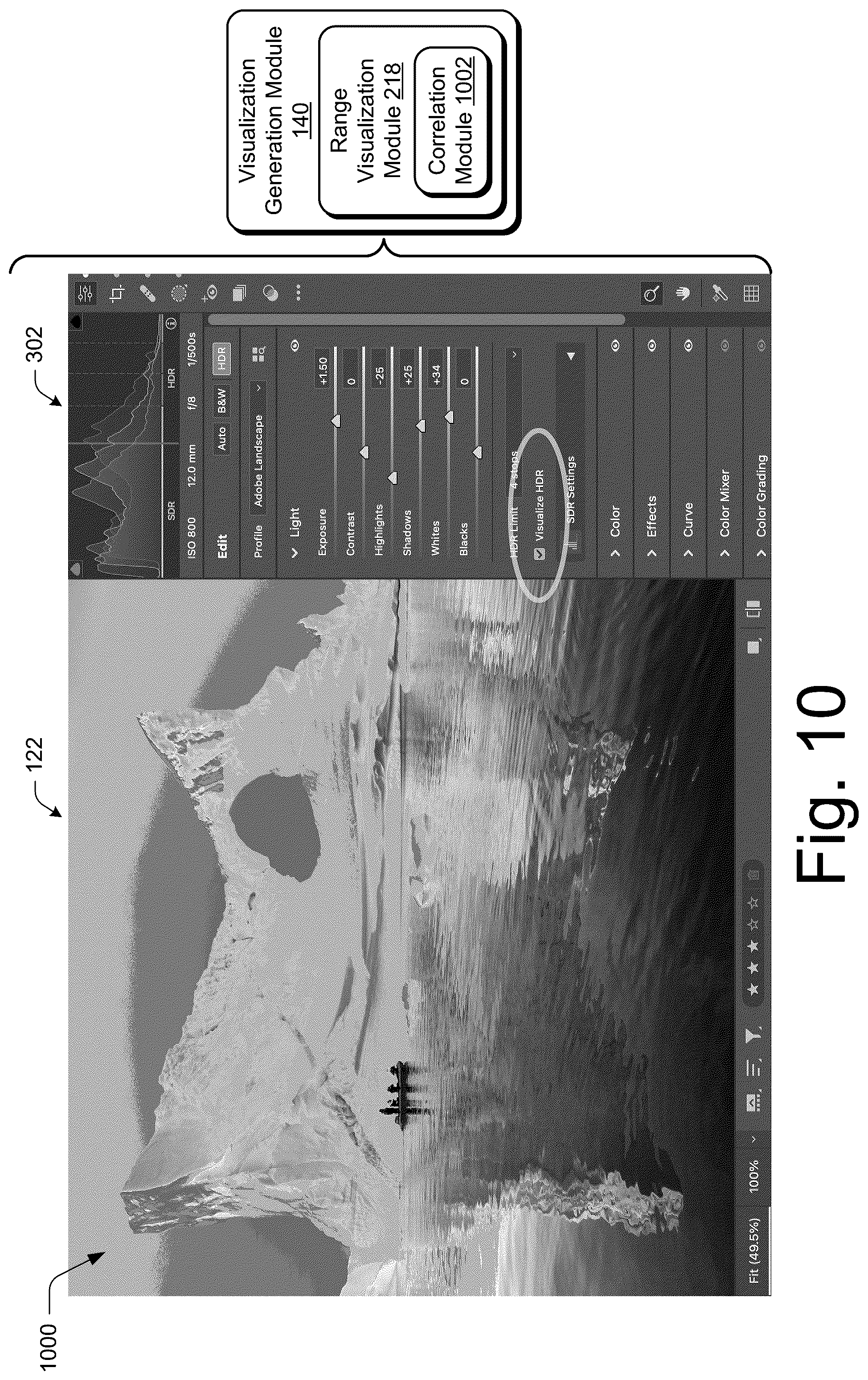 Patent US12602841 Figure 10 – High dynamic range visualizations indicating ranges, point curves, and previews