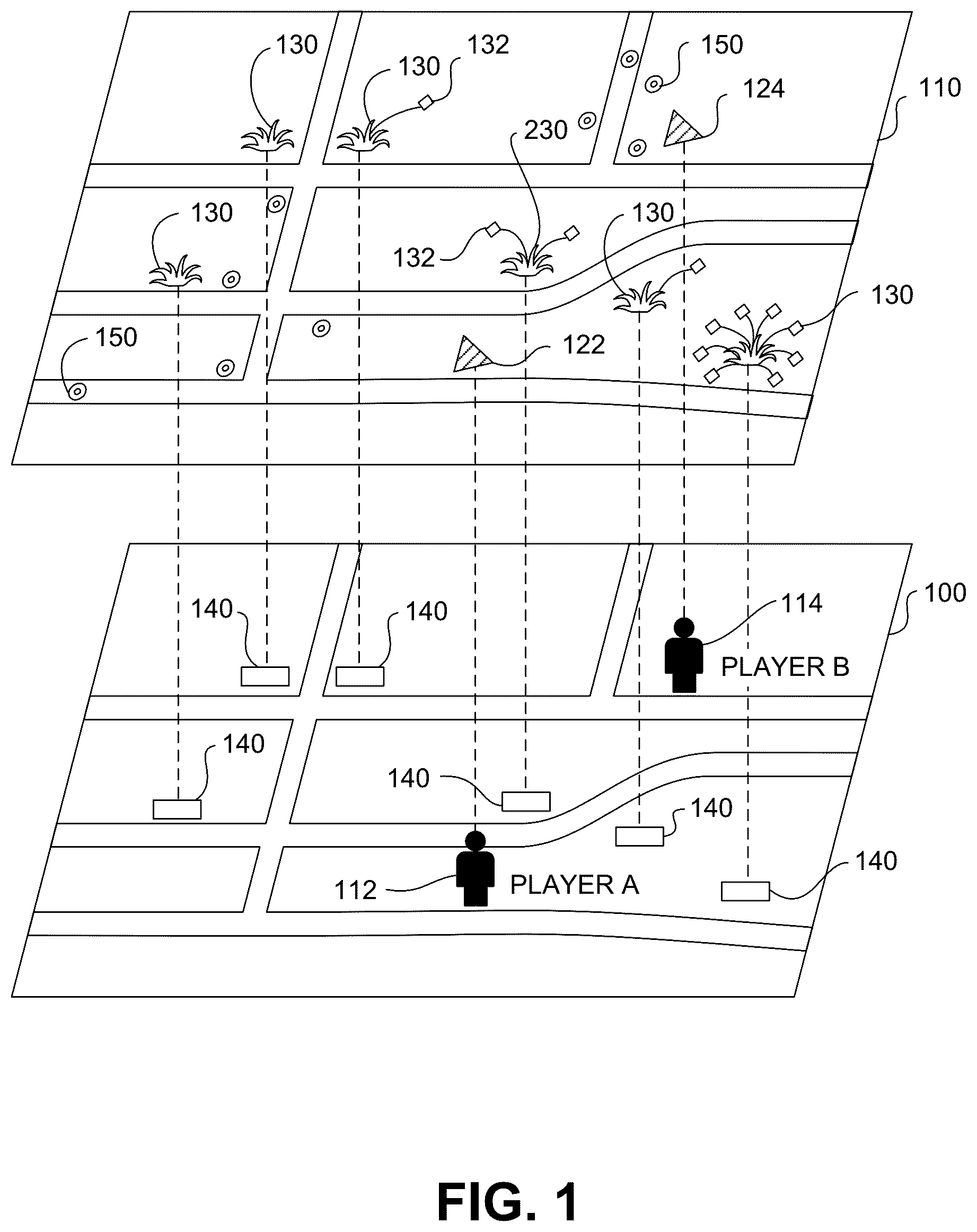 Patent US12602880 Figure 1 – Controlling augmented reality content via selection of real-world locations or objects