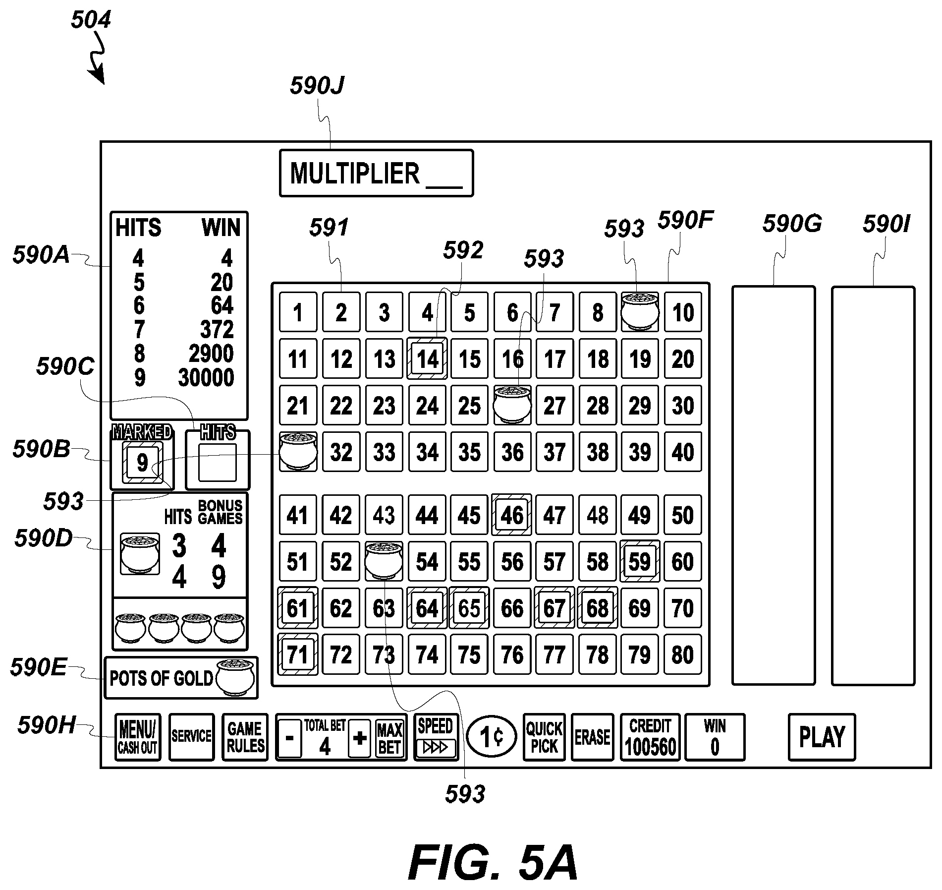 Patent US12602968 Figure 7 – Free game multiplier for video keno game