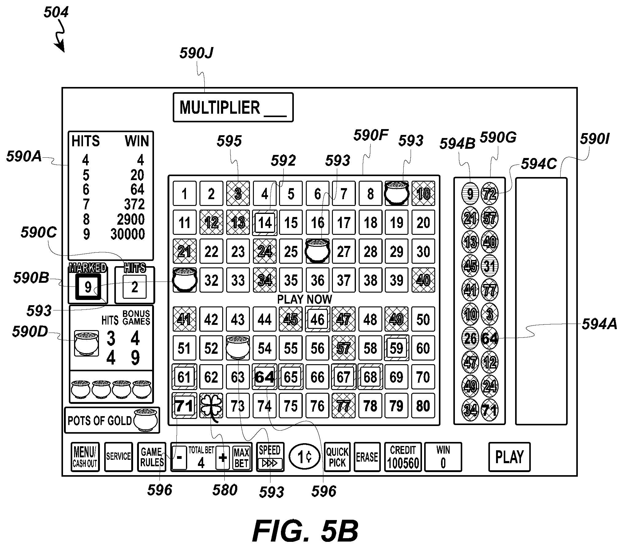 Patent US12602968 Figure 8 – Free game multiplier for video keno game
