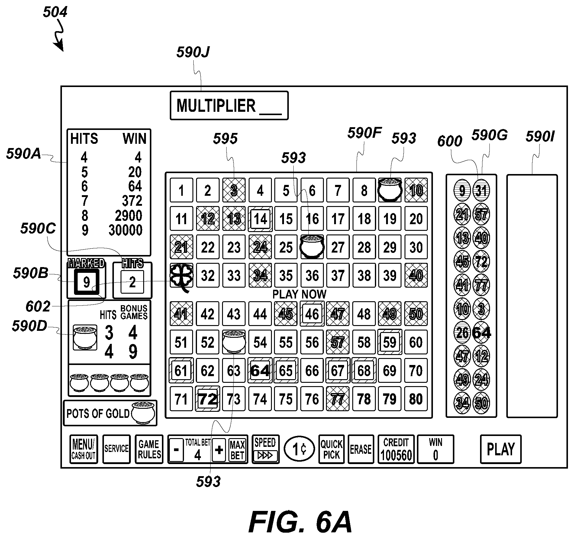 Patent US12602968 Figure 11 – Free game multiplier for video keno game