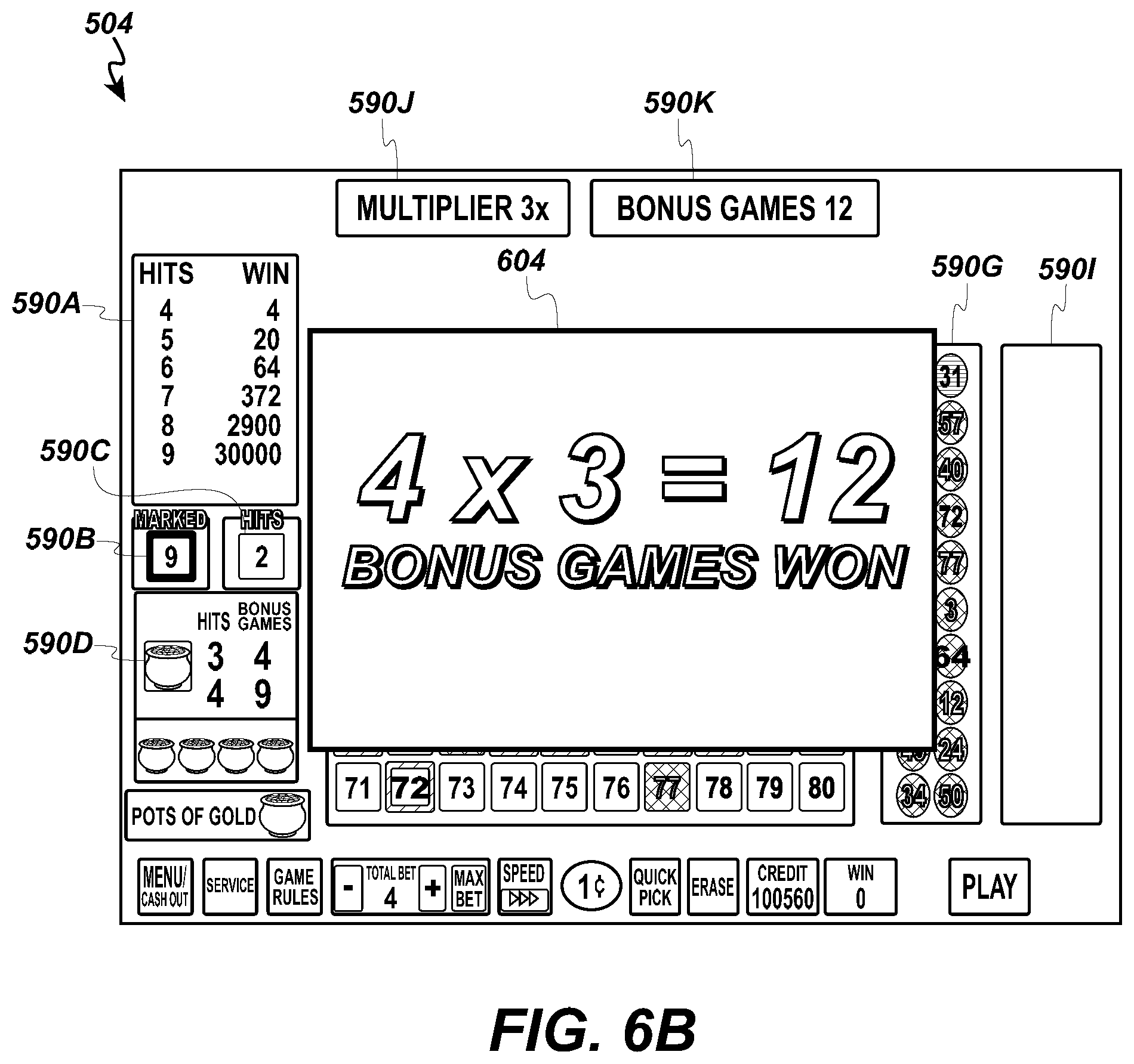 Patent US12602968 Figure 12 – Free game multiplier for video keno game
