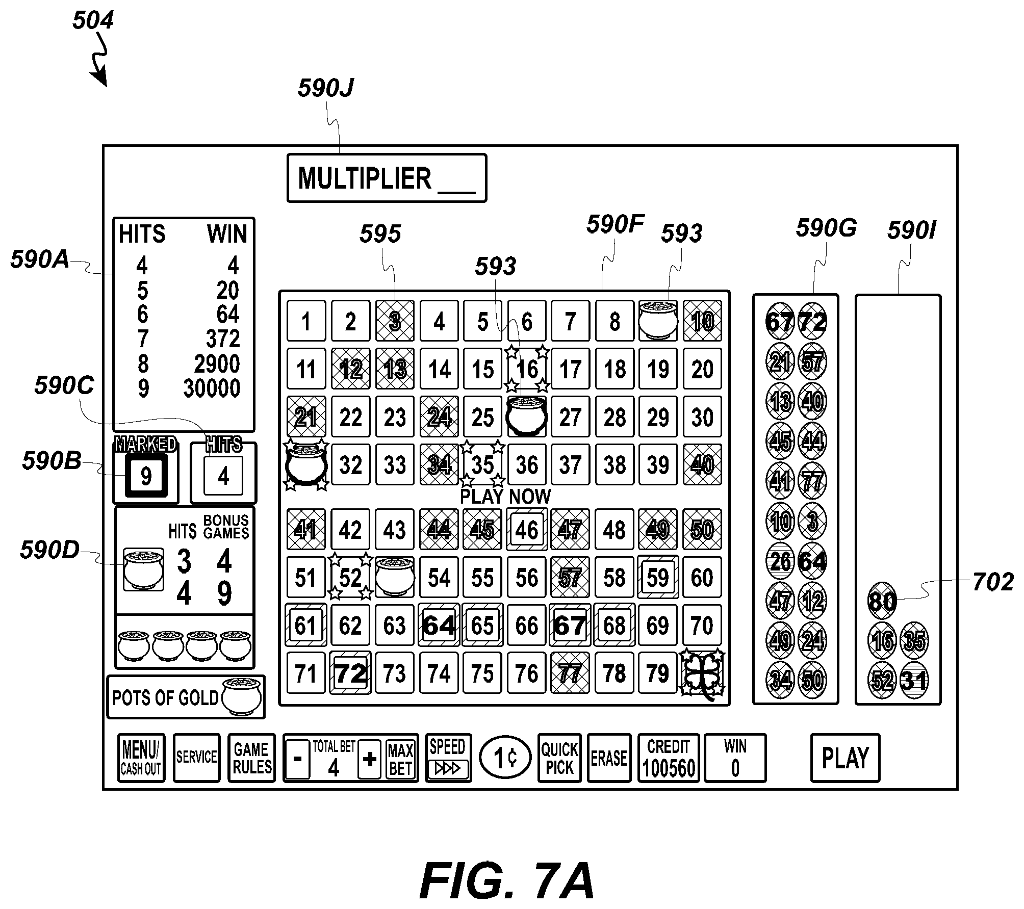 Patent US12602968 Figure 13 – Free game multiplier for video keno game