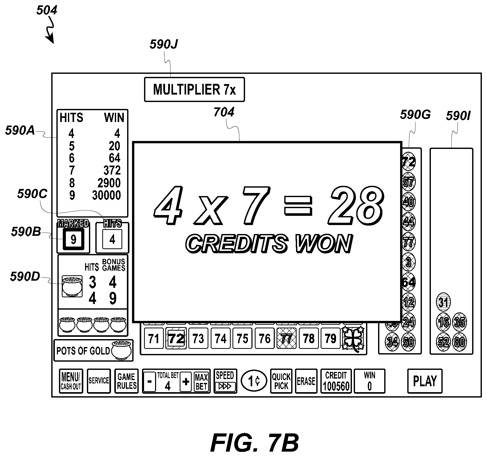 Patent US12602968 Figure 14 – Free game multiplier for video keno game