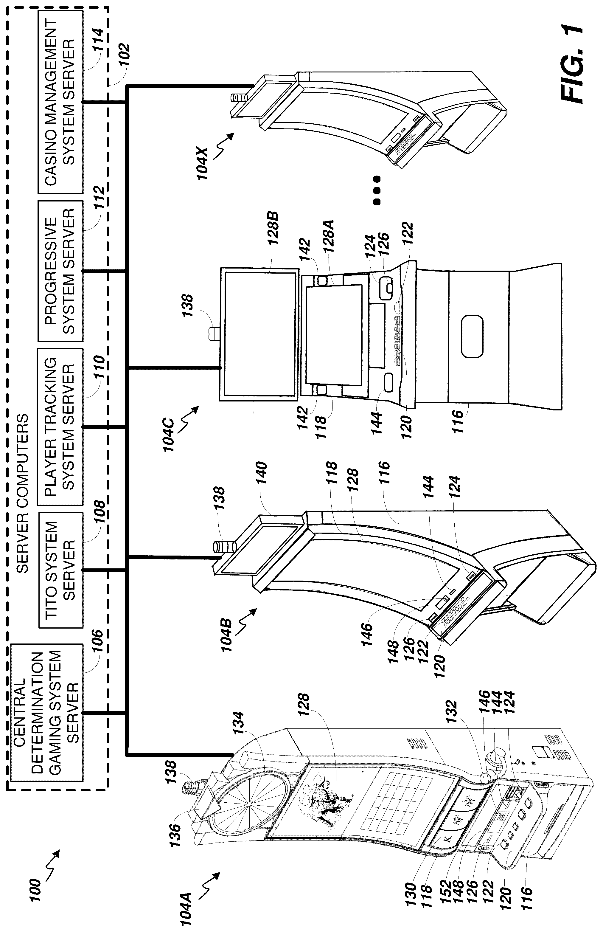 Patent US12602969 Figure 1 – Gaming system providing group-based awards
