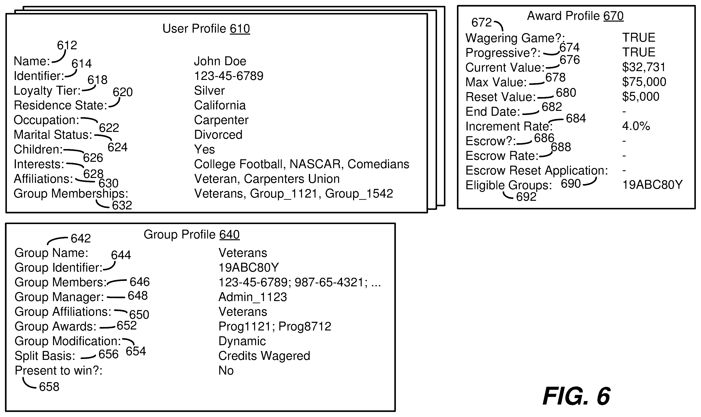 Patent US12602969 Figure 6 – Gaming system providing group-based awards