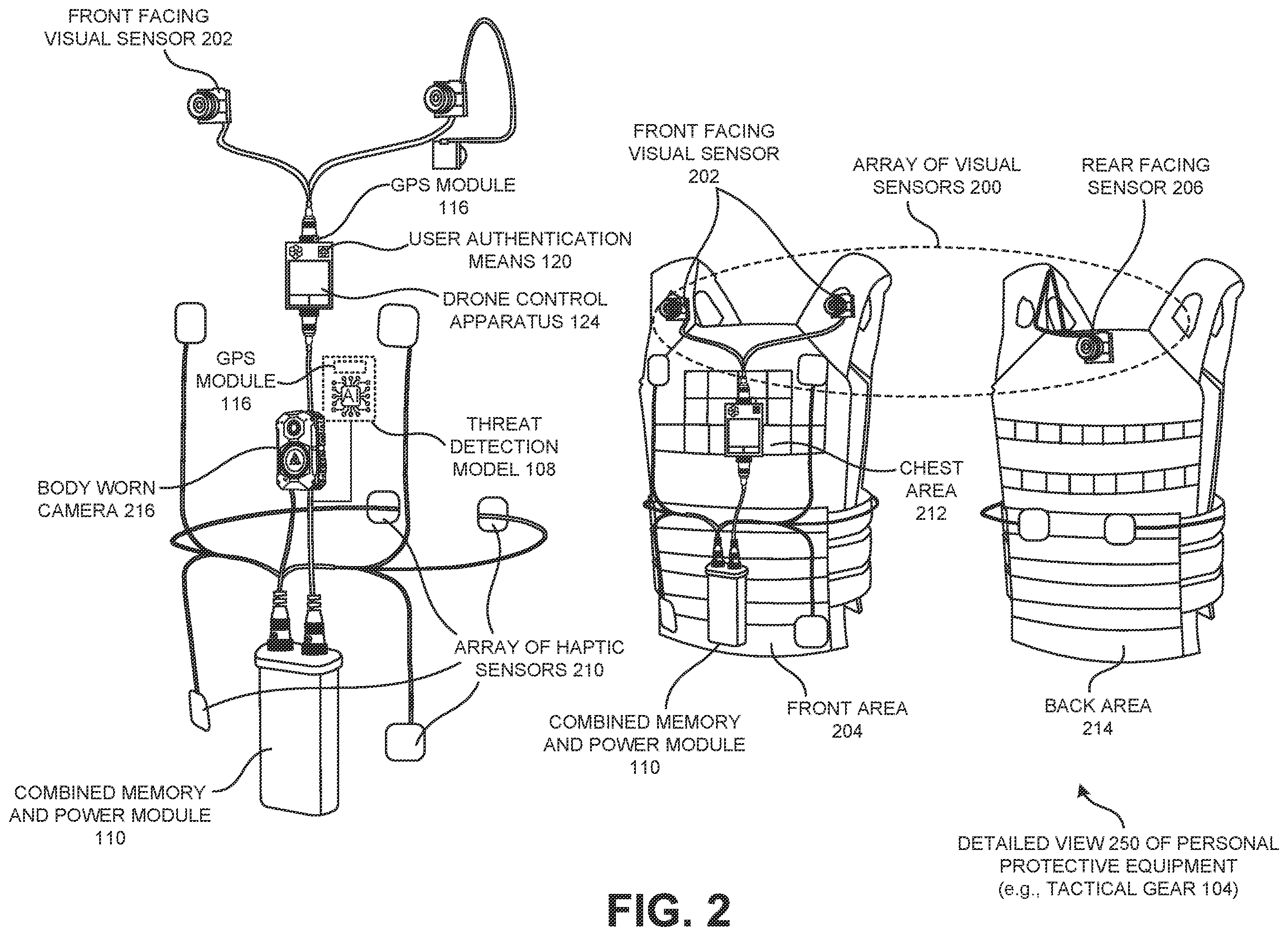 Patent US12602971 Figure 2 – Visual sensor of a tactical gear to use facial recognition technology to identify a person of interest and to cause a responsive device on the tactical gear to notify a wearer
