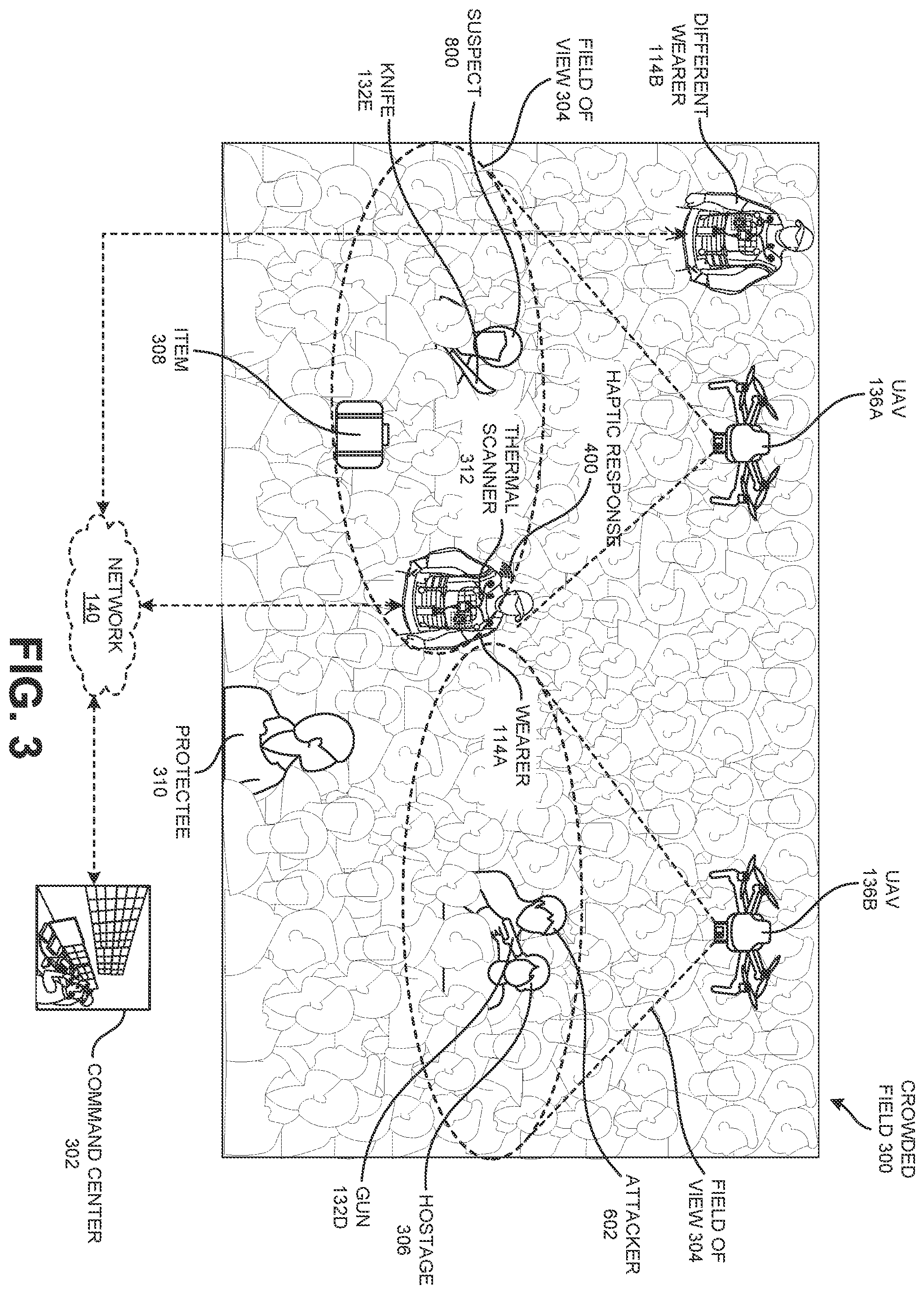 Patent US12602971 Figure 3 – Visual sensor of a tactical gear to use facial recognition technology to identify a person of interest and to cause a responsive device on the tactical gear to notify a wearer