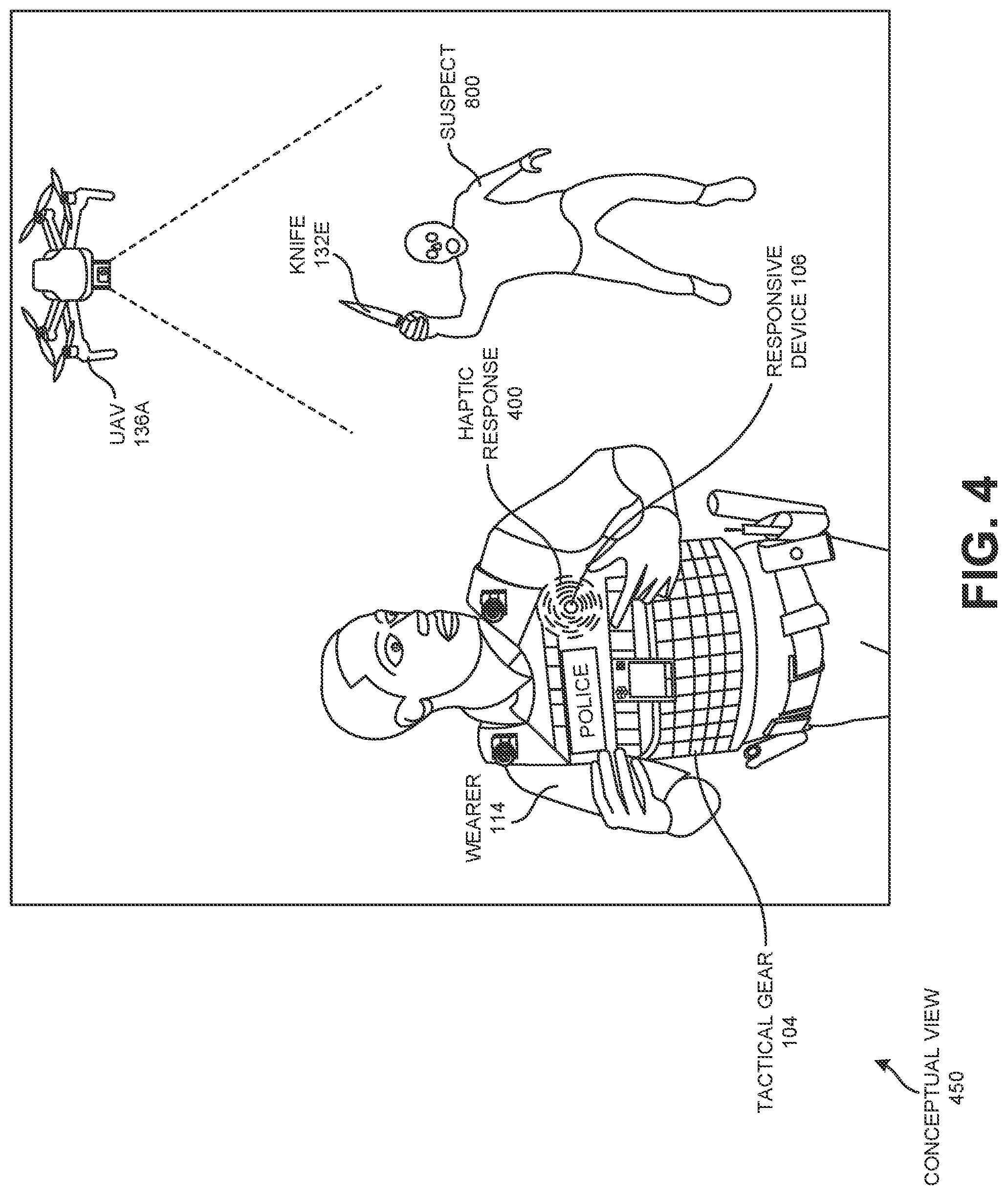 Patent US12602971 Figure 4 – Visual sensor of a tactical gear to use facial recognition technology to identify a person of interest and to cause a responsive device on the tactical gear to notify a wearer