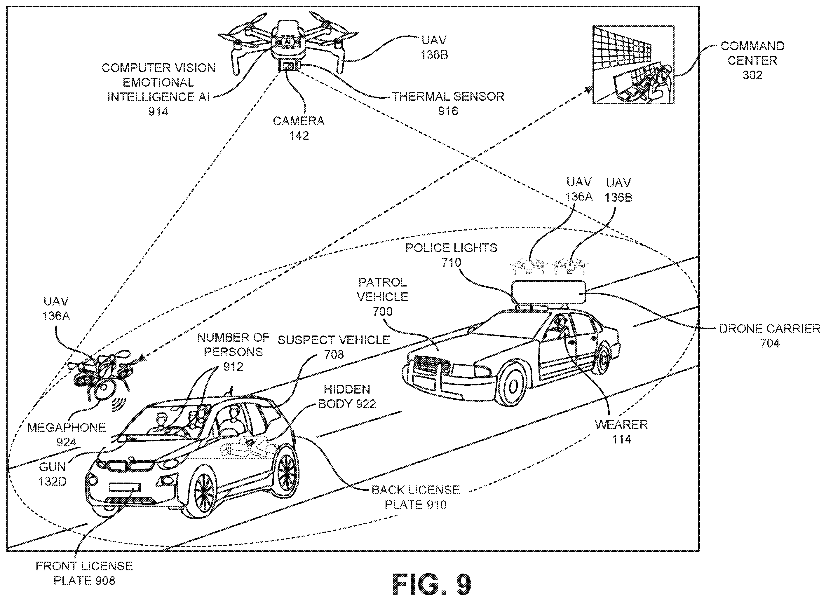 Patent US12602971 Figure 9 – Visual sensor of a tactical gear to use facial recognition technology to identify a person of interest and to cause a responsive device on the tactical gear to notify a wearer