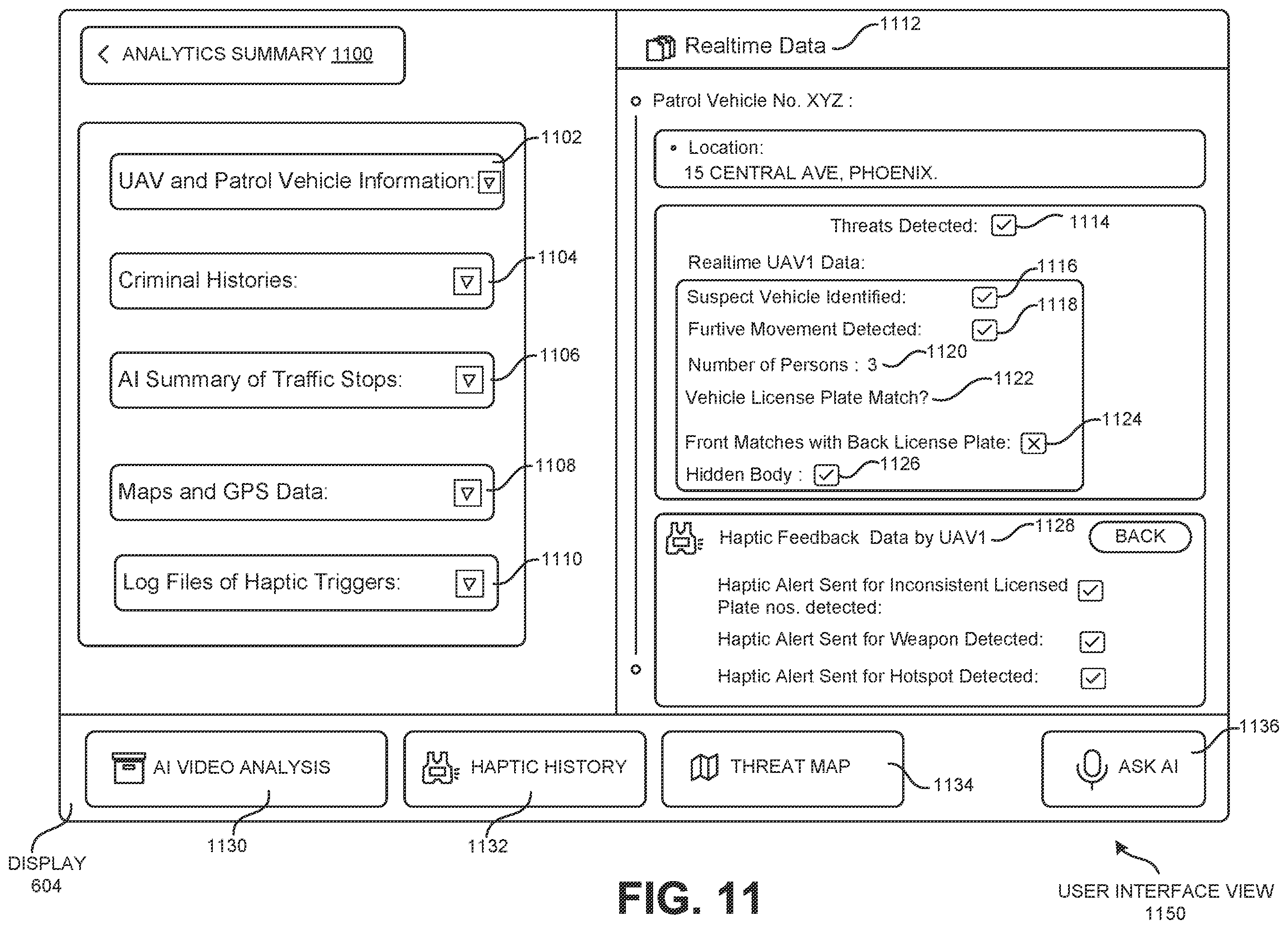 Patent US12602971 Figure 11 – Visual sensor of a tactical gear to use facial recognition technology to identify a person of interest and to cause a responsive device on the tactical gear to notify a wearer