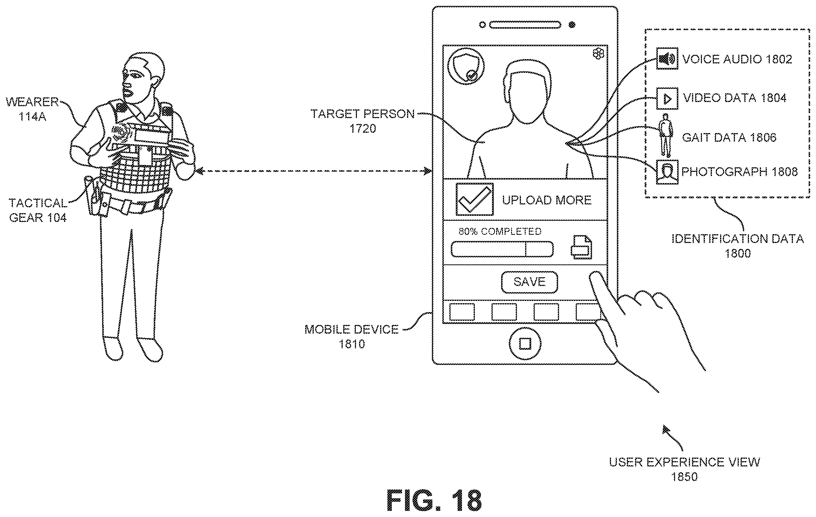 Patent US12602971 Figure 18 – Visual sensor of a tactical gear to use facial recognition technology to identify a person of interest and to cause a responsive device on the tactical gear to notify a wearer