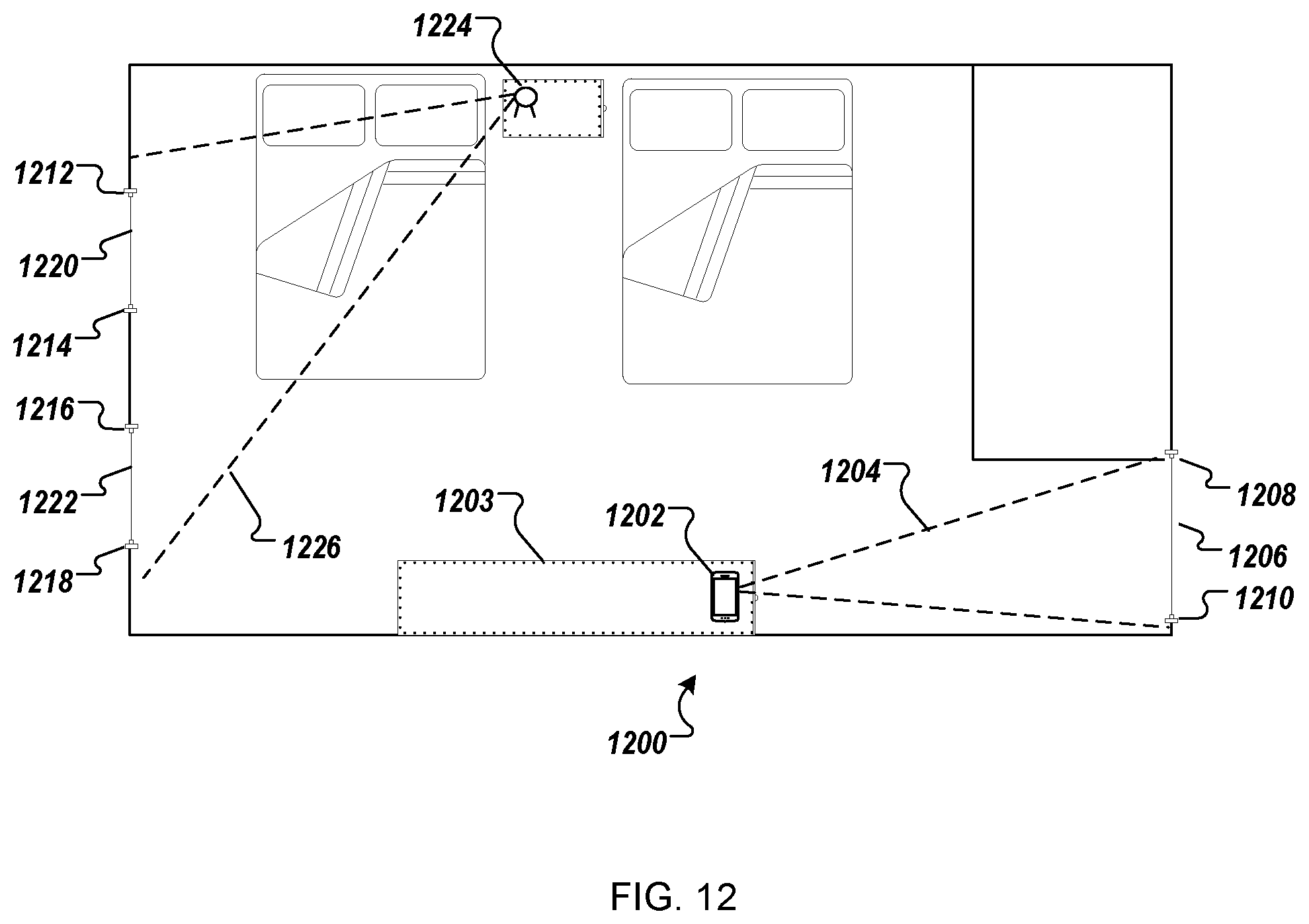 Patent US12602977 Figure 12 – Mobile device as a security system component