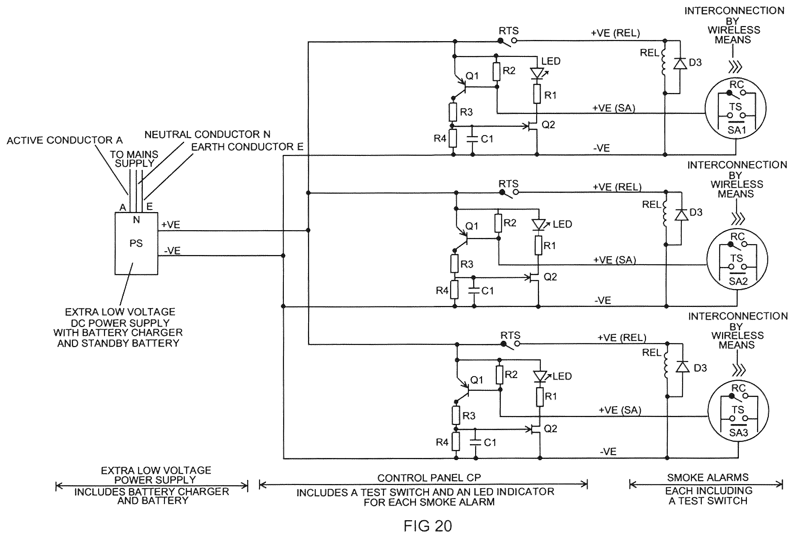 Patent US12602988 Figure 20 – Testing of detection and warning functions of interconnected smoke, heat and carbon monoxide alarms by single person