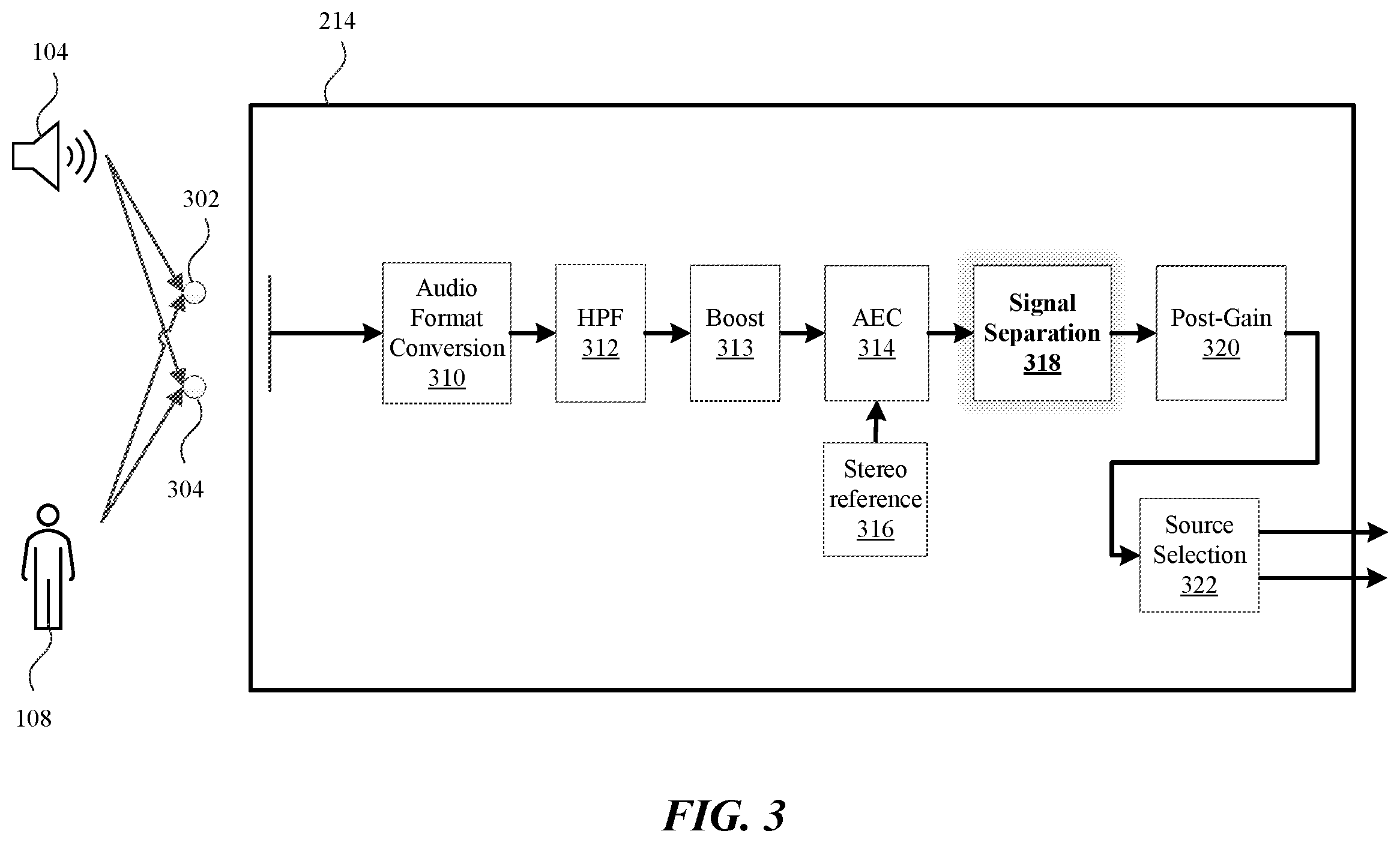 Patent US12603097 Figure 3 – Dynamic selection of appropriate far-field signal separation algorithms