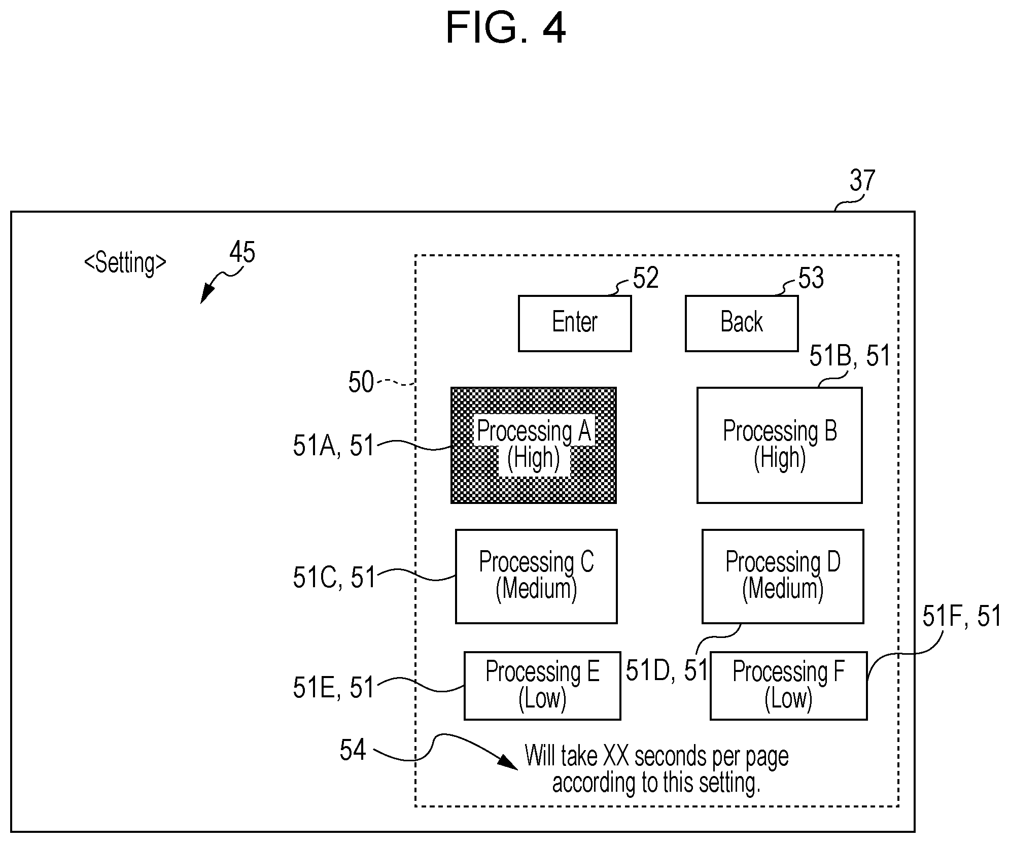 Patent US12610014 Figure 4 – Image processing apparatus with predictive time display and interactive configuration