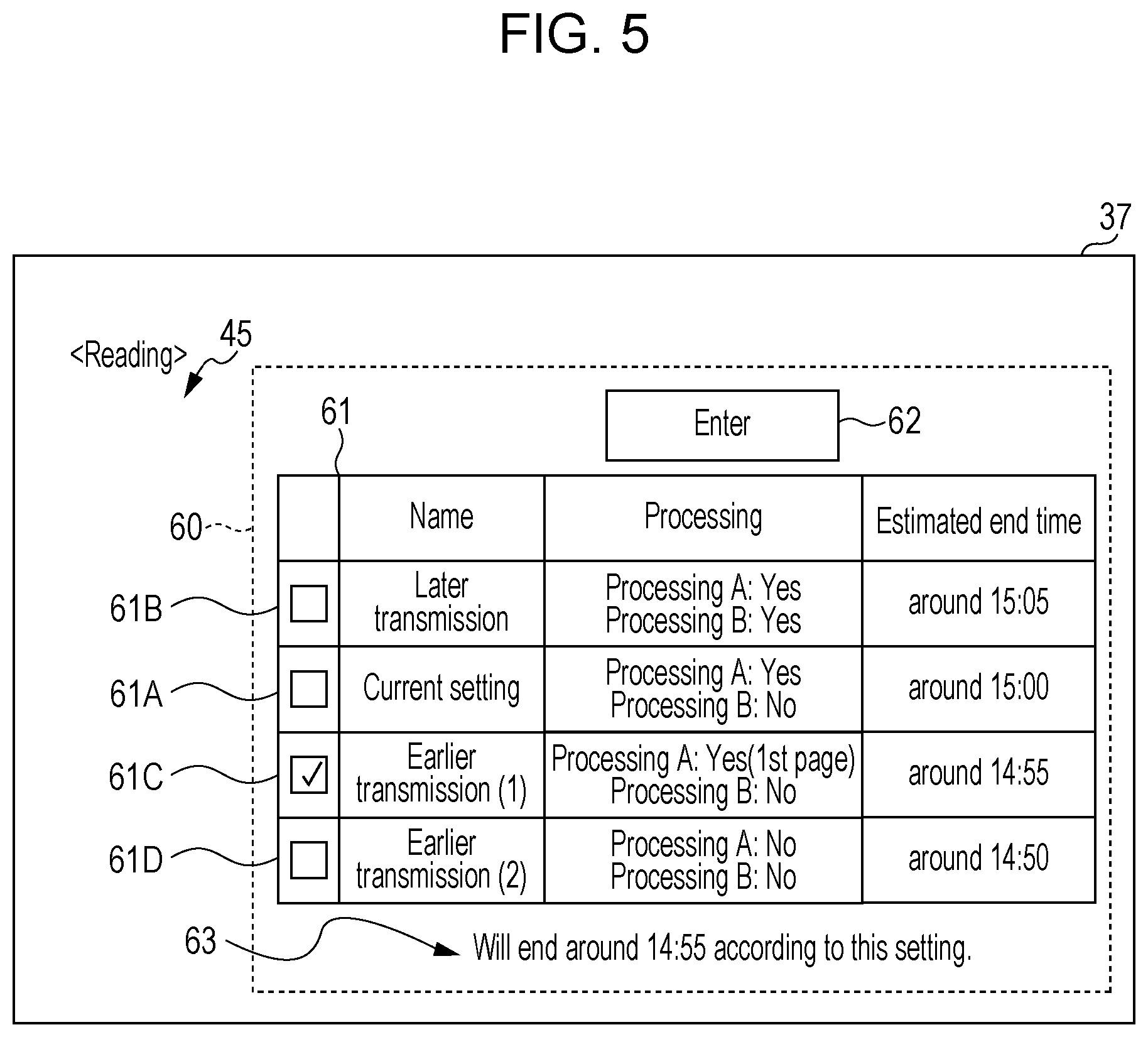 Patent US12610014 Figure 5 – Image processing apparatus with predictive time display and interactive configuration