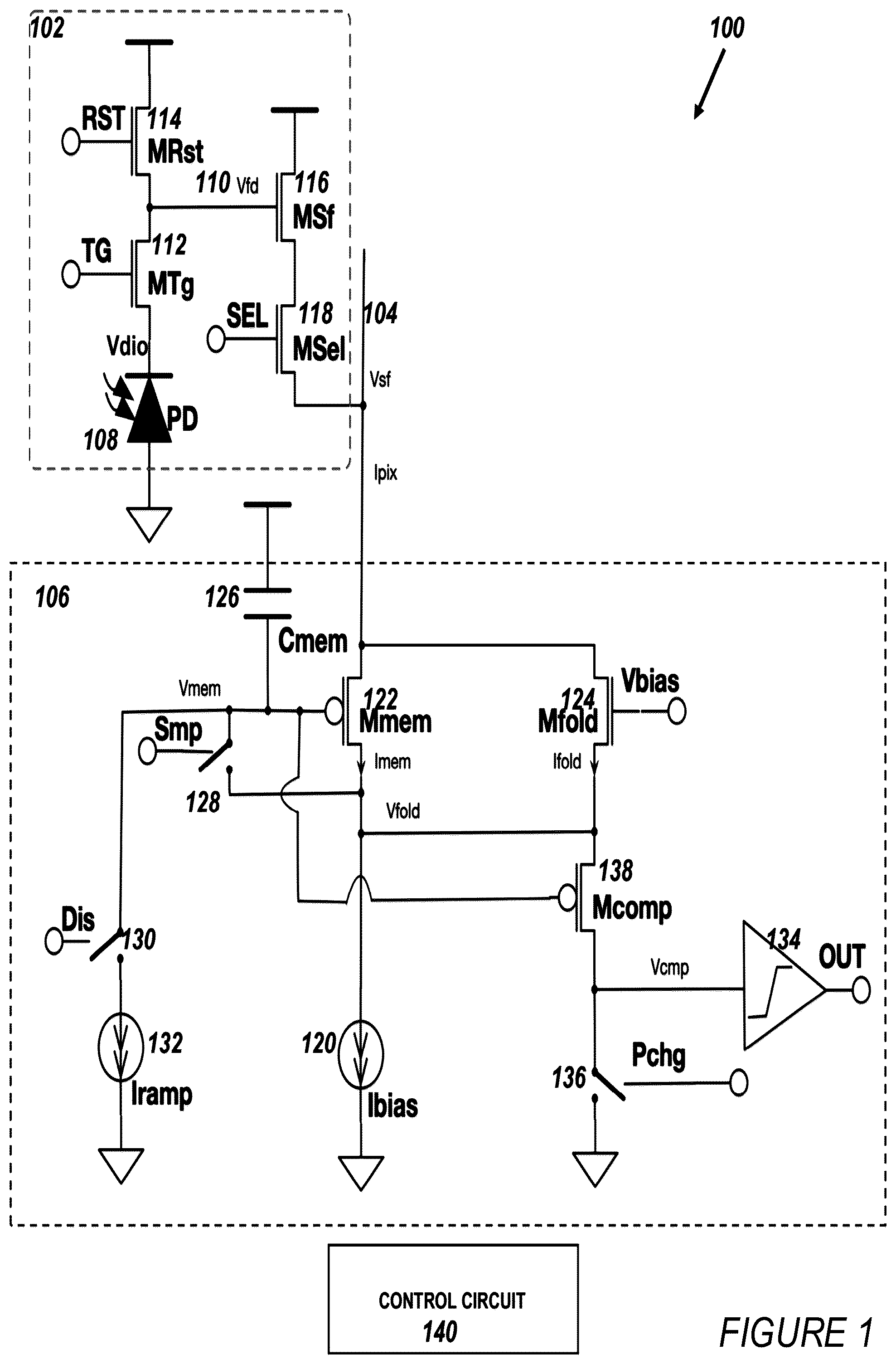 Patent US12610163 Figure 1 – Low-power/small-area current-mode pixel readout circuit