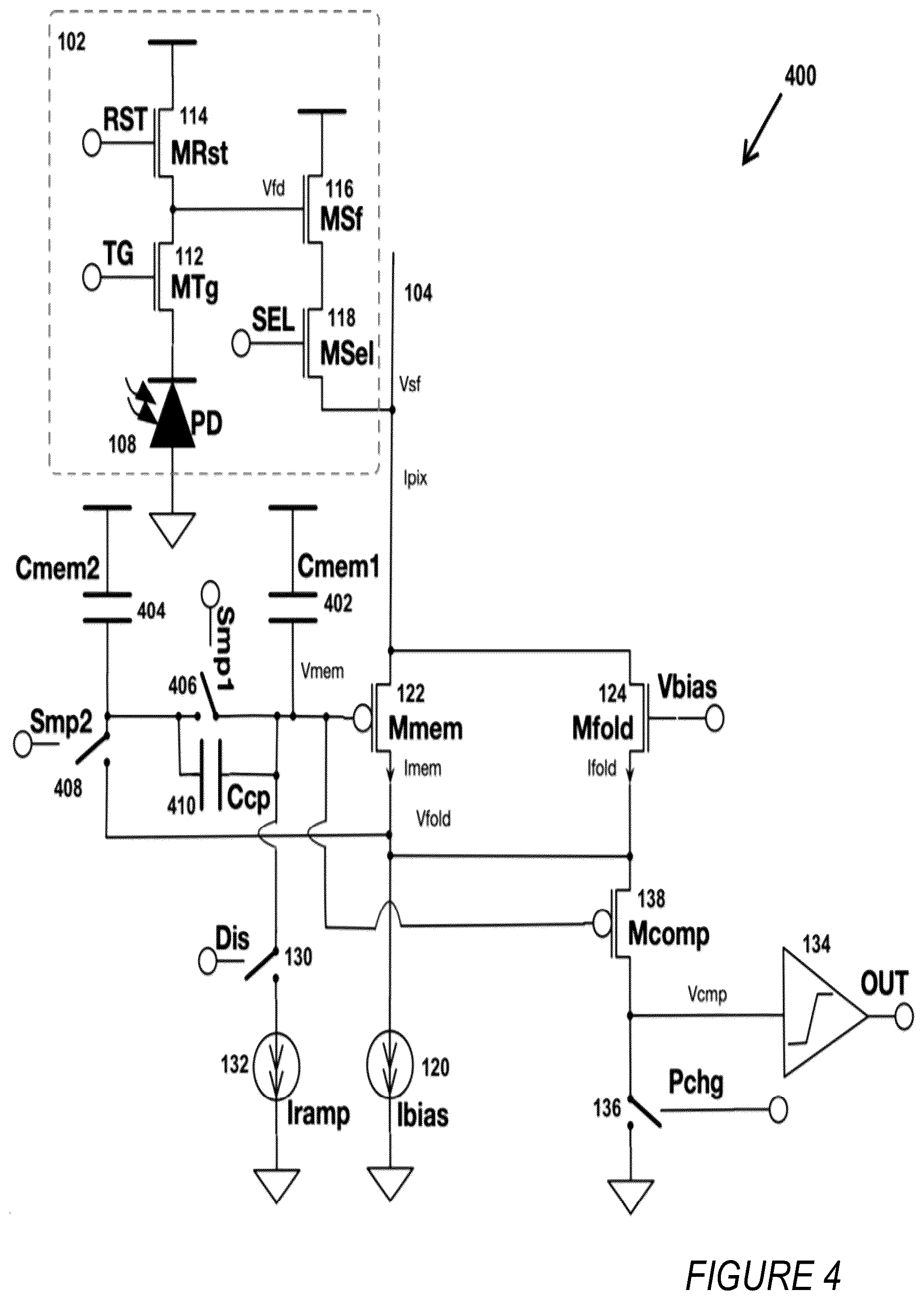 Patent US12610163 Figure 5 – Low-power/small-area current-mode pixel readout circuit