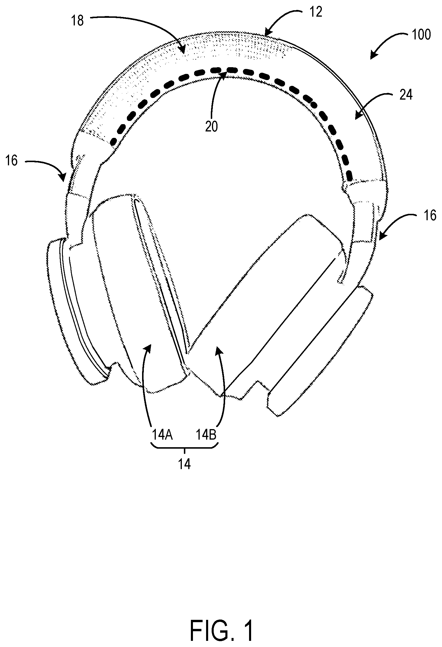 Patent US12610175 Figure 1 – Headset having headband with elastic band and fabric