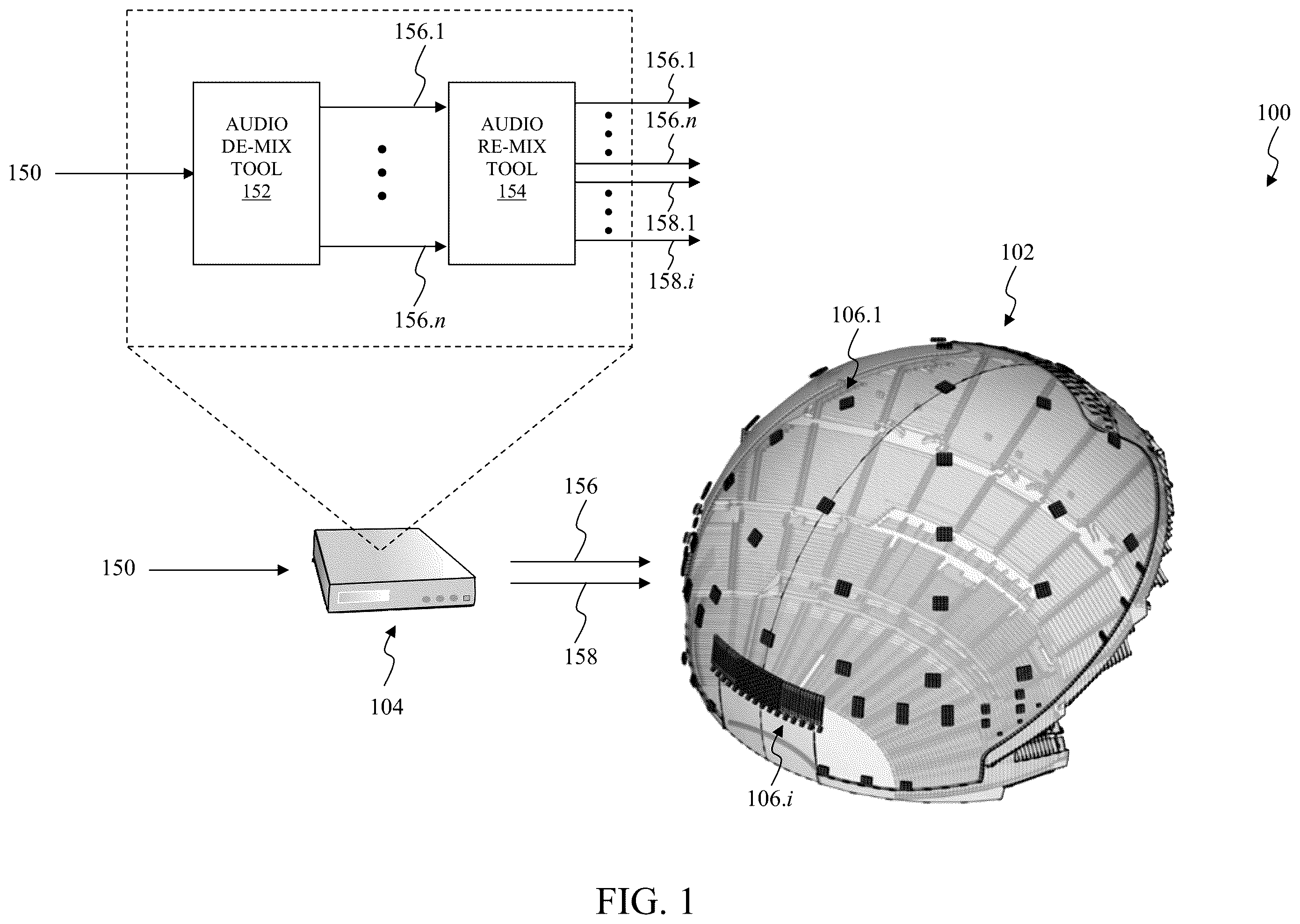 Patent US12610204 Figure 1 – De-mixing a composite audio program for playback within a venue
