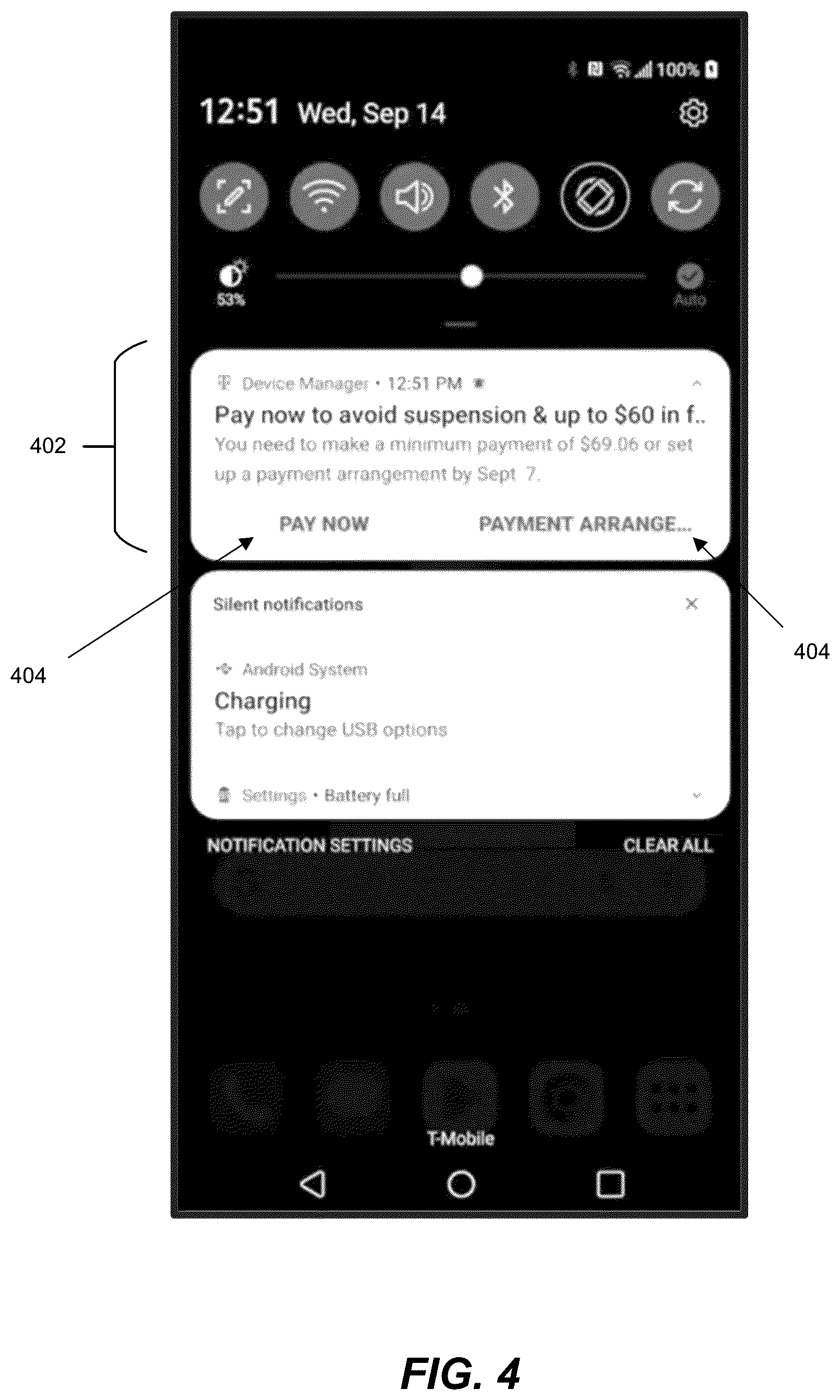 Patent US12610347 Figure 4 – Escalated and persistent messages for network service access by subscriber devices of a wireless telecommunication network