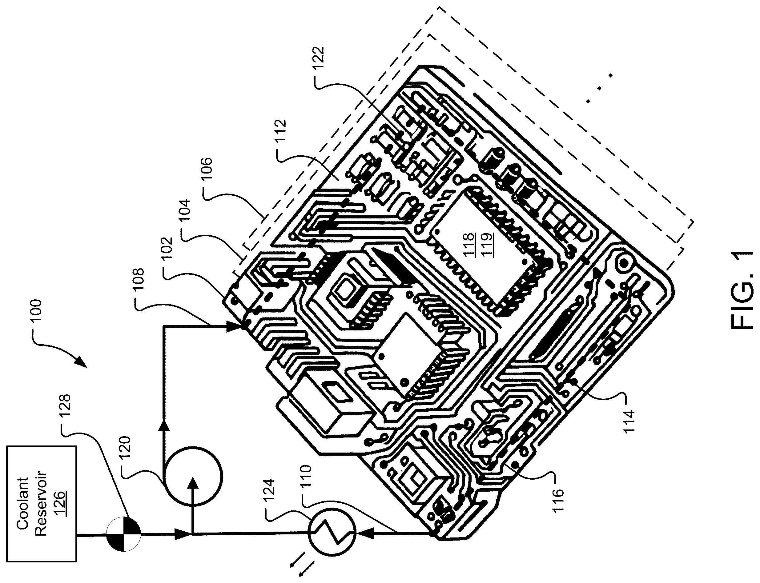 Patent US12610452 Figure 1 – Microfluidic printed circuit board cooling