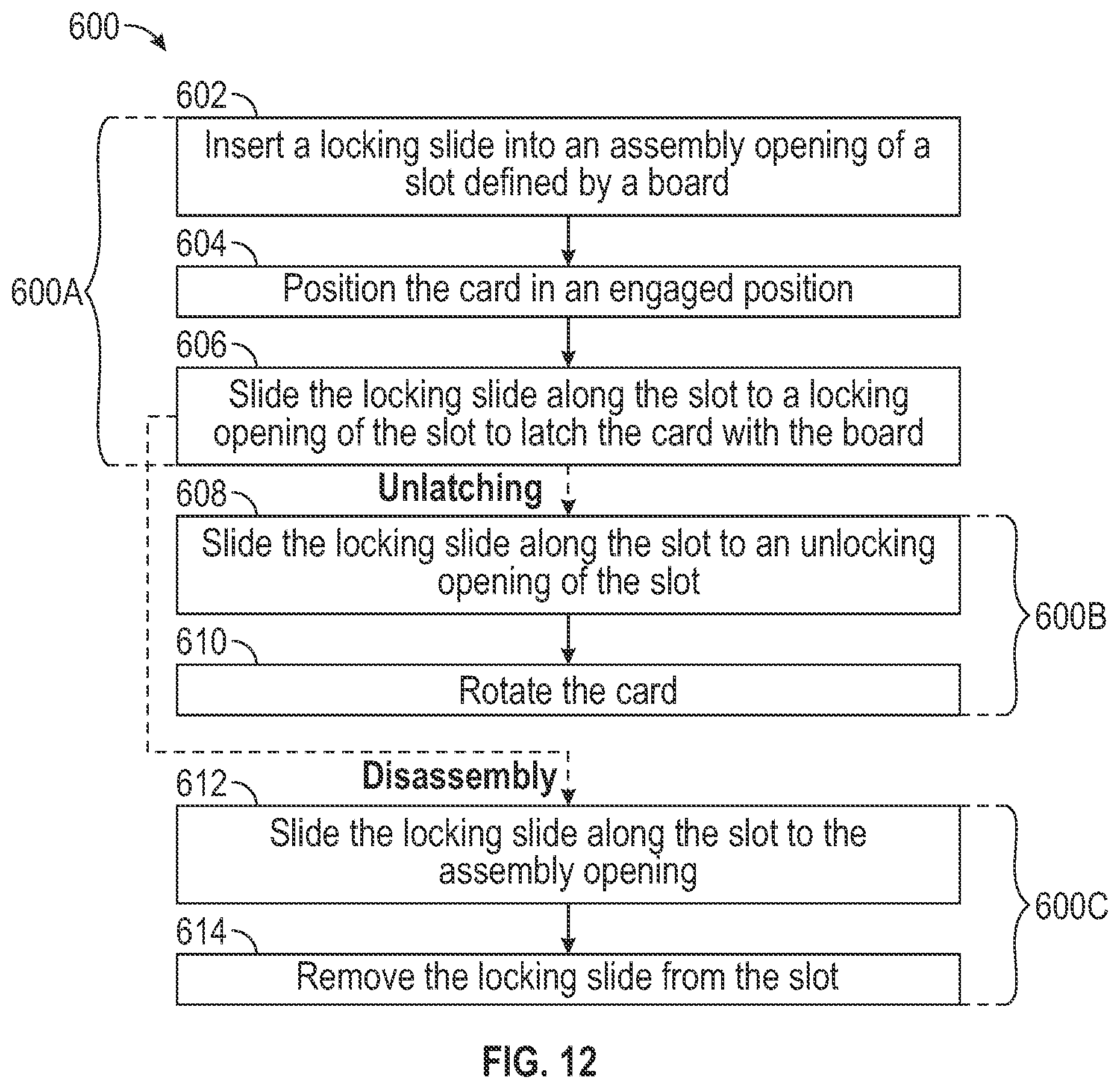 Patent US12610489 Figure 8 – Latch system for latching a card to a board