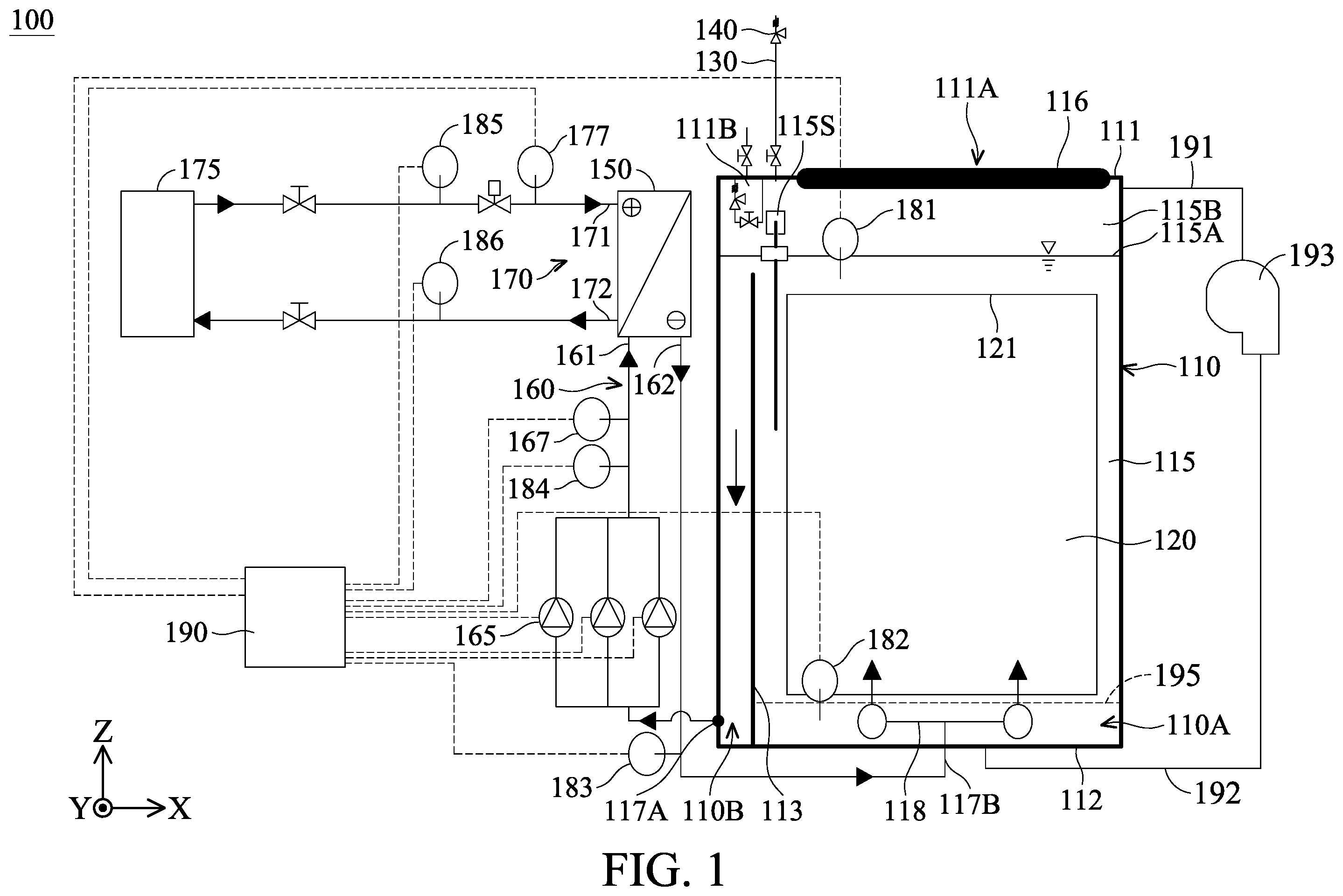 Patent US12610502 Figure 1 – Immersion cooling system