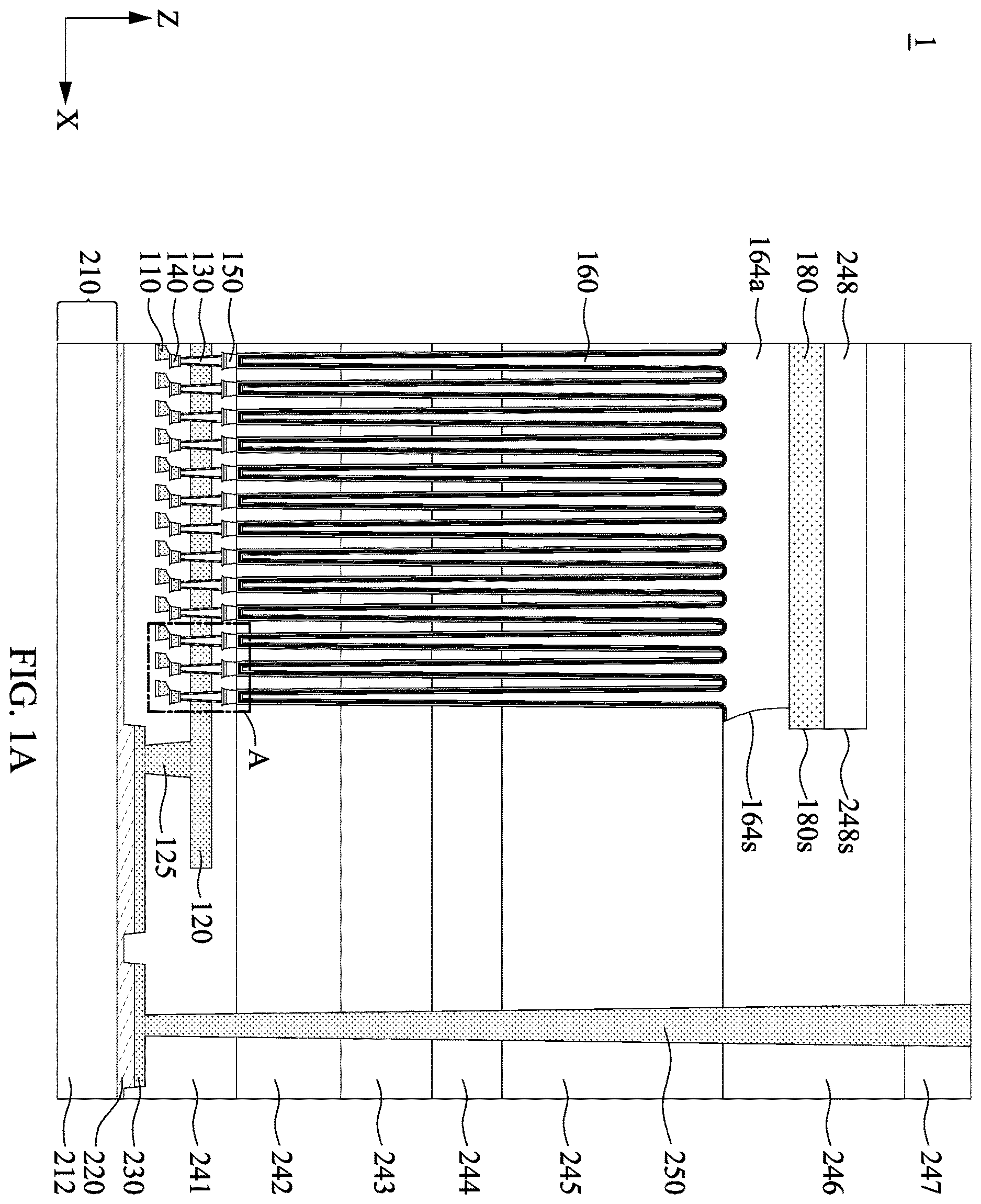 Patent US12610531 Figure 1 – Semiconductor device having trench capacitors formed on channel structures and methods for manufacturing the same